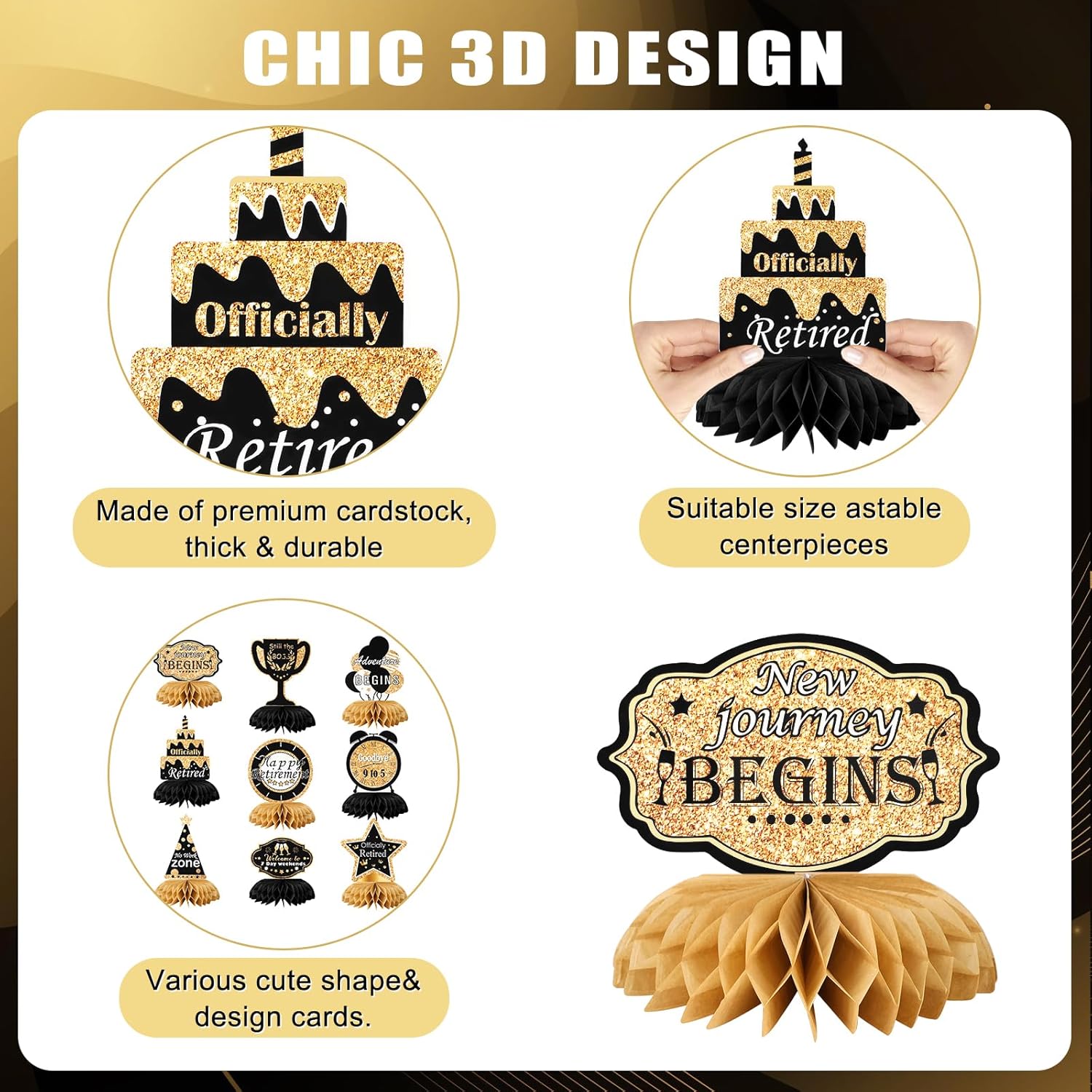 9 Pcs Retirement Honeycomb Centerpieces, Black and Gold Retirement Party Decorations, Retirement Table Decorations Supplies Men and Women