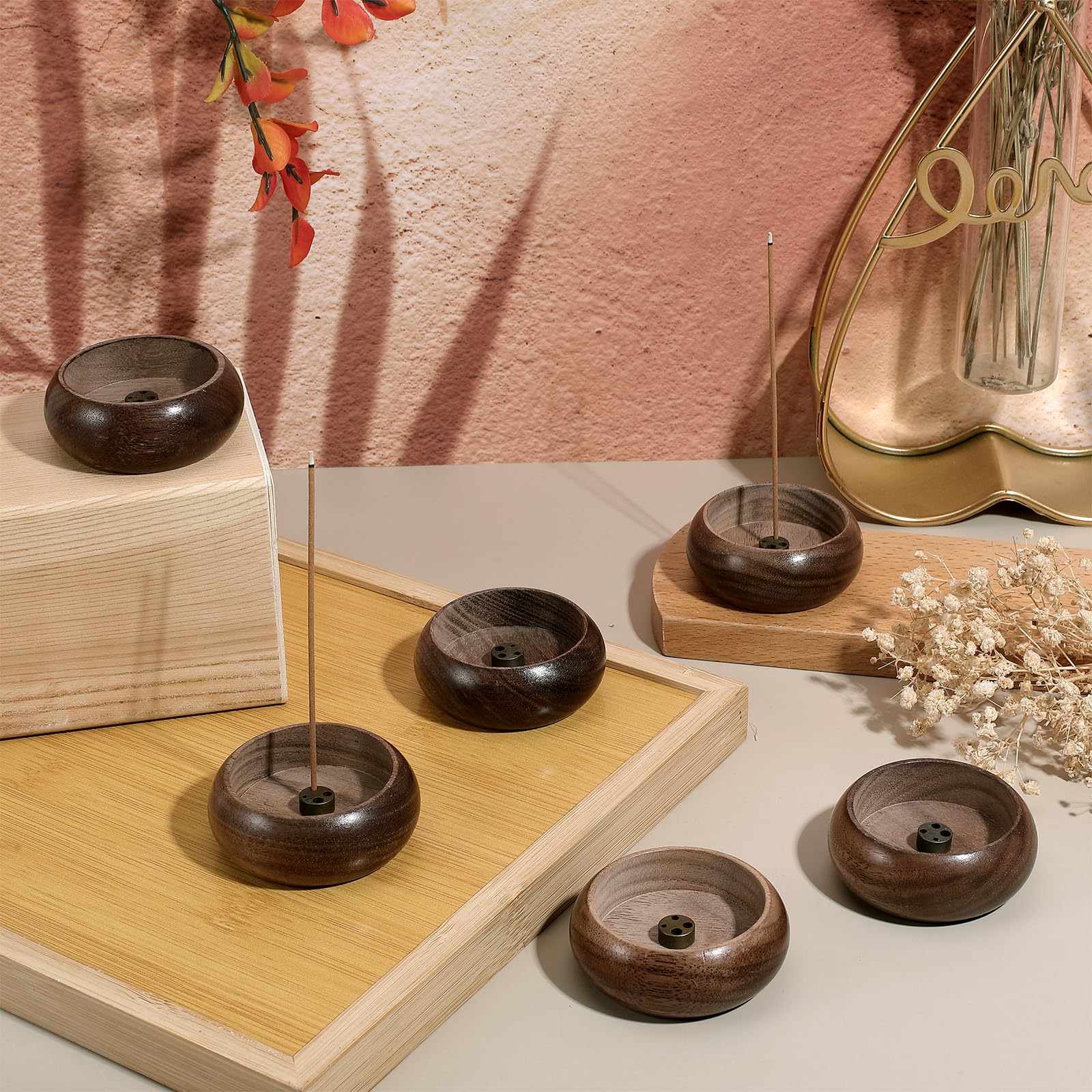 12 Porta Incenso per Bastone Porta Incenso Rotondo in Legno di Noce Bruciatore di Incenso con Ciotola Recuperatore di Ceneri per la Decorazione Interna Meditazione Yoga e Spa. Marrone cocco