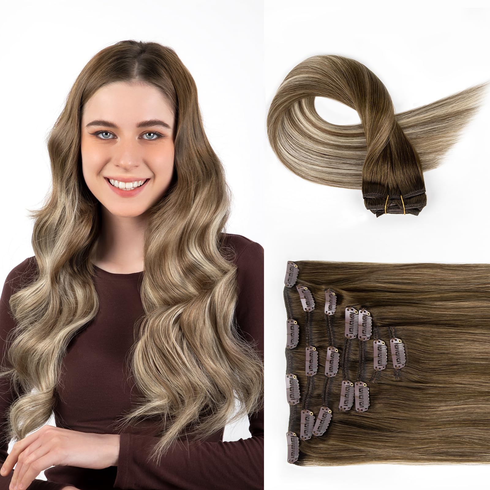 SOBEAUTY Hair Extensions Clip in, 100% Real Human Hair Extensions, 7 Pcs 120G Volume Invisible Clip in Human Hair Extensions