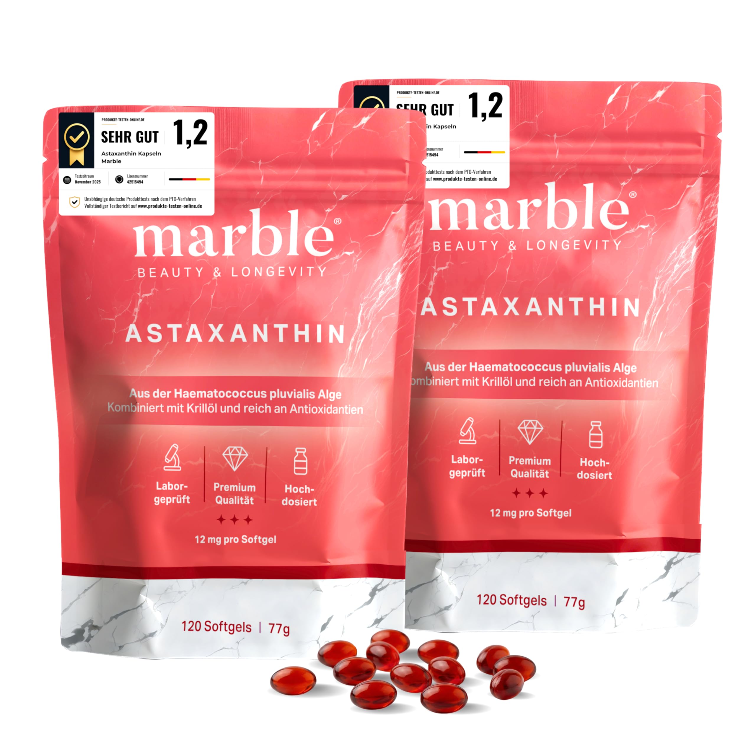 marble® Astaxanthin, 12 mg + Krillöl – 4 Monatsvorrat – Astaxanthin hochdosiert aus Haematococcus Pluvialis Alge – laborgeprüft, Made in Germany – 30 Tage risikofrei testen