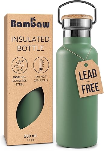 Bambaw Botella de agua aislada de acero inoxidable de 16 onzas con asa - Botella de viaje verde