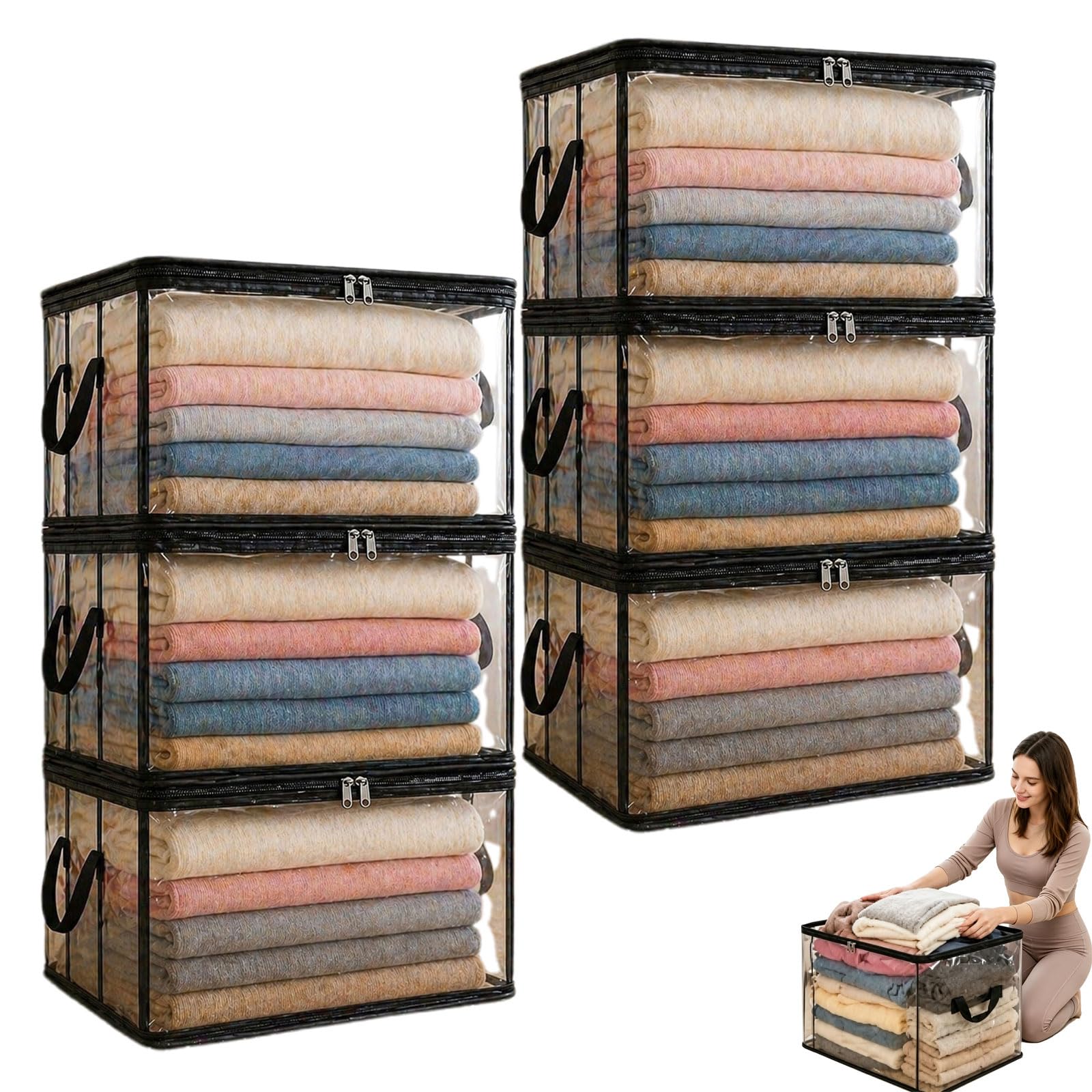 Clothes Storage Bags, Plastic Storage Box with Lid, Large Clear Thick Doll Storage Container with Hinged Lid, Dustproof Organizer with Carrying Handle, for Stuffed Storage, Moving & Storage (6Pcs)