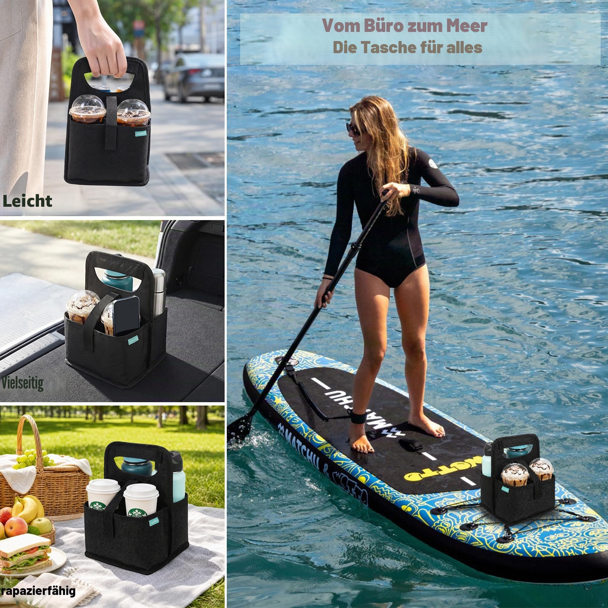 SUP Kühltasche für Paddle Board & Kajak, 2-in-1 Getränke- & Handyhalter, Wiederverwendbarer Kaffeebecherhalter, Praktisches SUP Zubehör SUP Board Tasche
