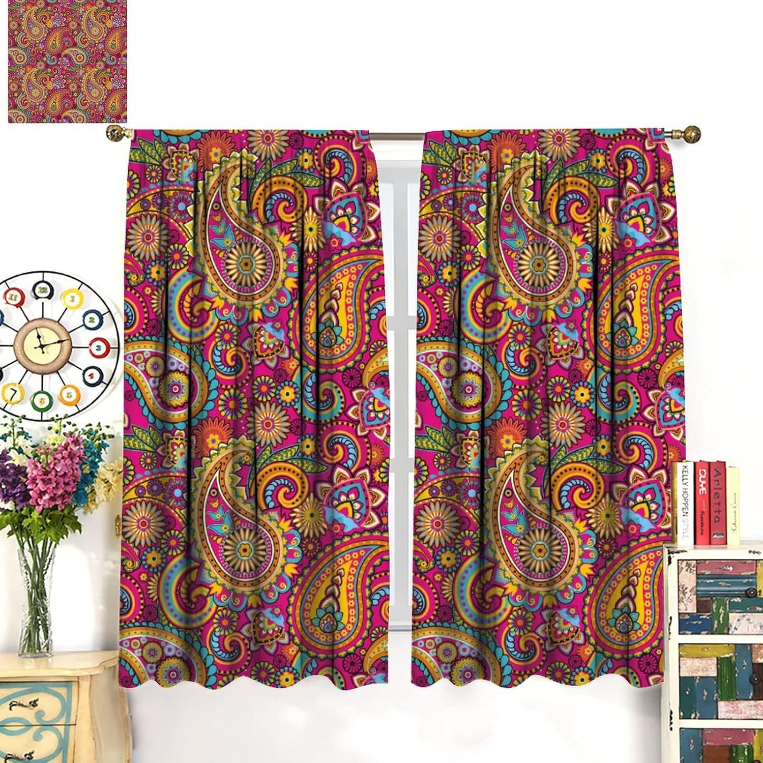 Paisley Curtains,Traditional Asian Eastern Elements Retro Pattern Room Darkening Door Window Rod Pocket Curtain for Living Room Bedroom Home Decor W55xL63in