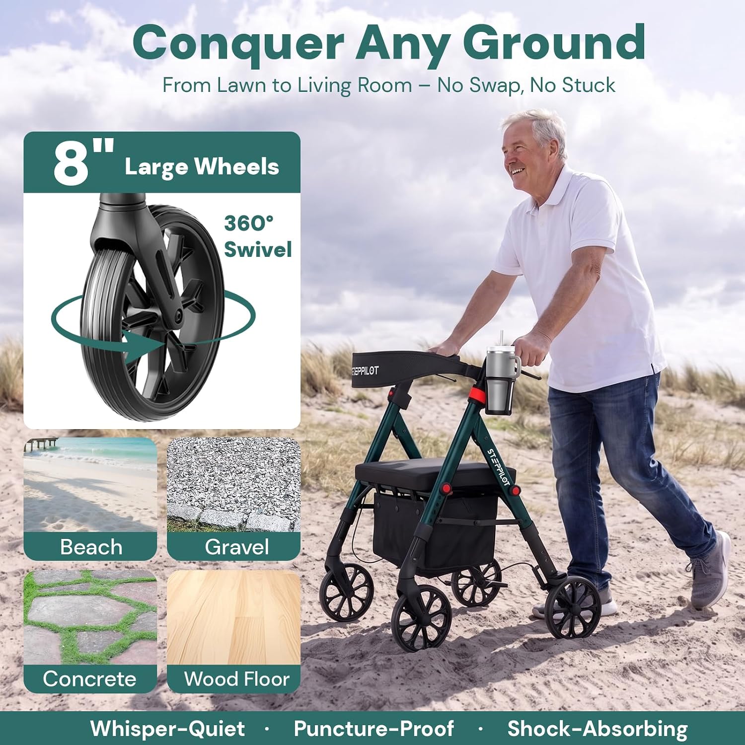 Bariatric Rollator Walkers for Seniors with Seat, 500lb Capacity | 16lb Lightweight Aluminum, 8" All Terrain Wheels, 10-Level Adjustable Handle/Seat, Cup Holder & Cane Clip thumbnail