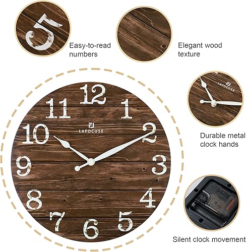 Miniatura 6 de Lafocuse Reloj de pared marrón silencioso de 12 pulgadas para decoración de cocina, sala de estar, reloj de pared rústico de madera, funciona con