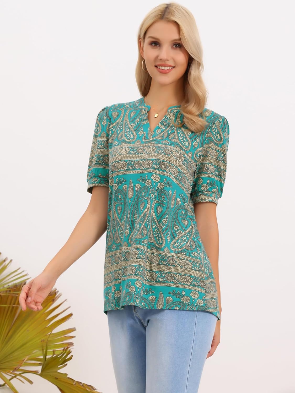Allegra K Floral Printed Tunic Tops for Women Summer Short Sleeve Blouse Casual V Neck Shirts - Image 4