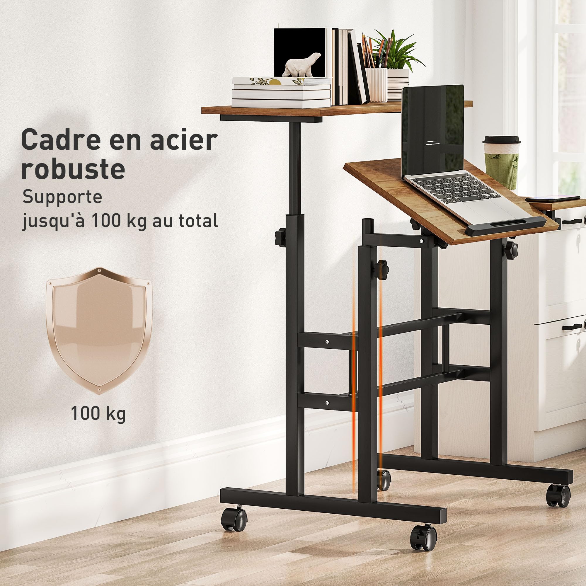HOMCOM Scrivania sit-stand regolabile in altezza 70x60cm Marrone | Scrivania computer su ruote, piano inclinabile, postazione di lavoro per camera da letto, piccoli spazi