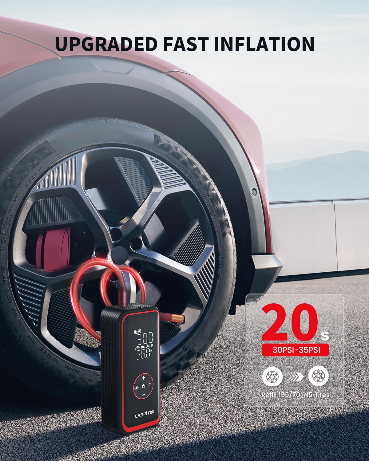 LASFIT TK1 Pro - Inflador de neumáticos portátil [5 veces más rápido] Inflador de neumáticos de 150 PSI, bomba de aire de 16000 mAH, funciona con pilas, para neumáticos de coche con medidor de presión