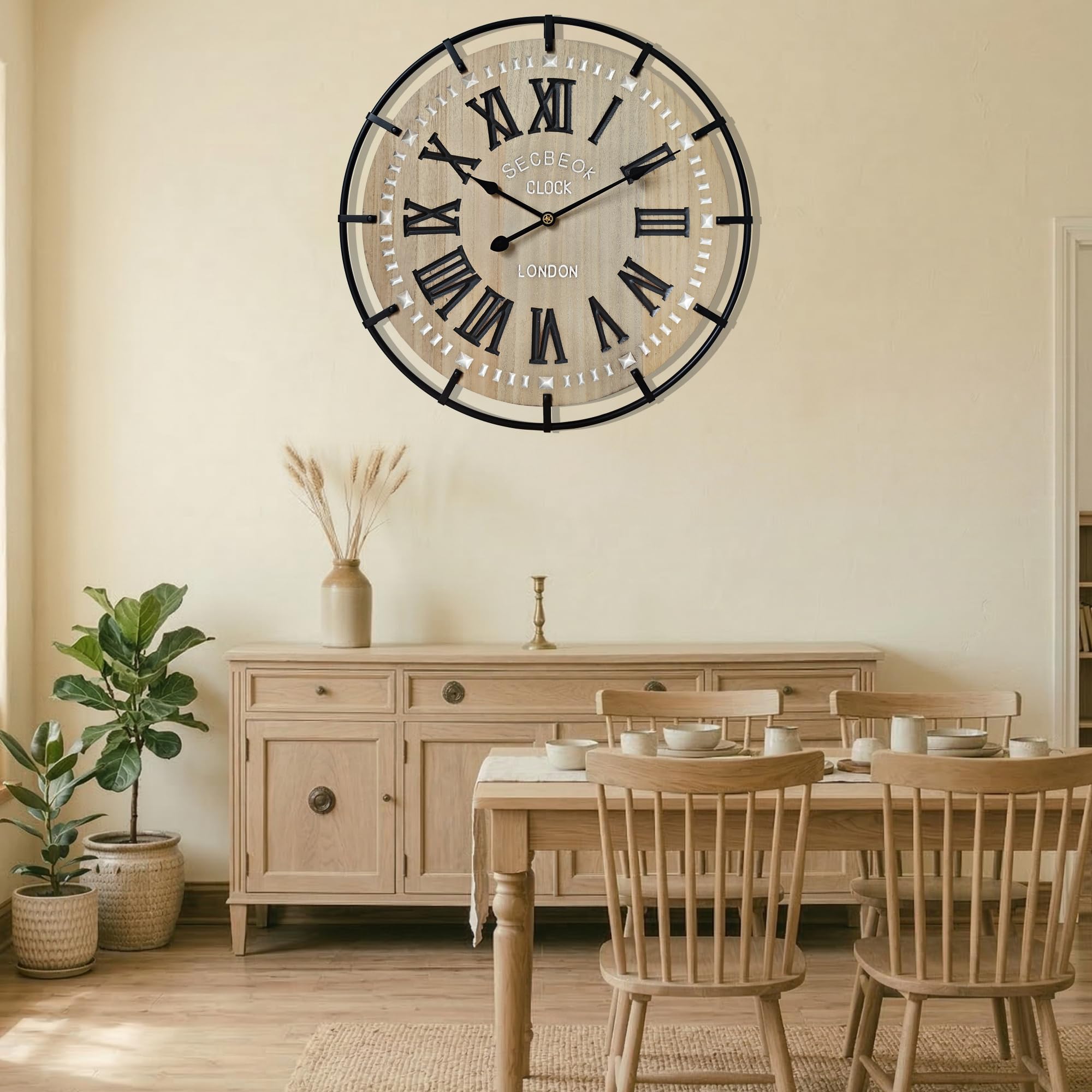 Reloj de pared grande de 24 pulgadas, madera rústica de metal con movimiento de cuarzo silencioso, números romanos fáciles de leer, reloj de pared redondo decorativo alimentado por pilas para
