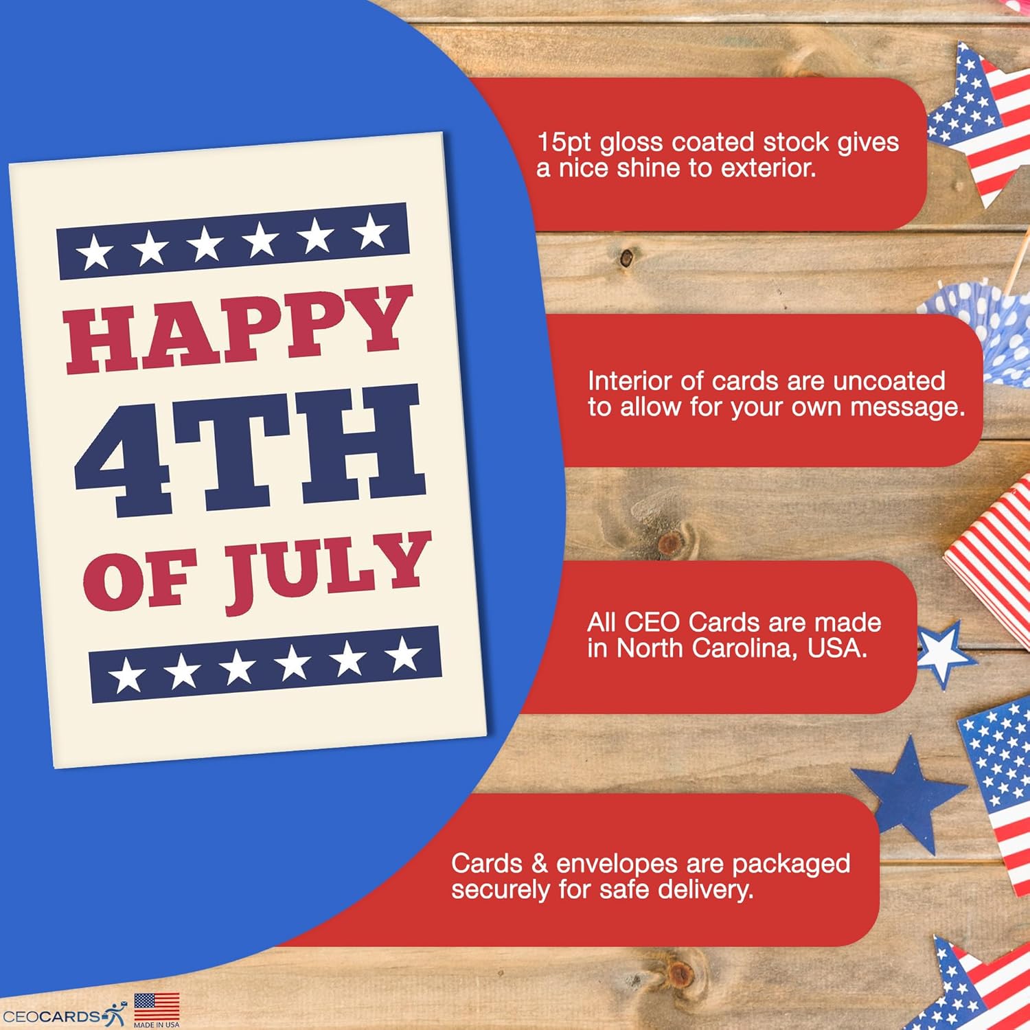 Independence Day Cards for Family & Business (Patriotic Cheers) Happy 4th of July Bulk Greeting Card Set Pack of 25 with Red Envelopes (5x7 inch - A7) Office, Work, Employees & Clients (JF2403)