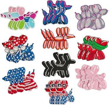 30pcs 10 Style Cute Balloon Dog Design Iron on Sew on Embroidery Patches,Funny Animal DIY Accessories for Clothes, Dress, Hat, Jeans