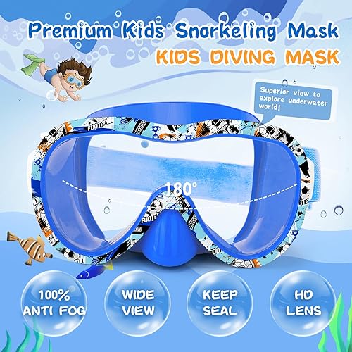 Miniatura 2 de Gafas de natación para niños con cubierta para la nariz, máscara de esnórquel panorámica de 180 con diseño antivaho y antifugas, correa de tela