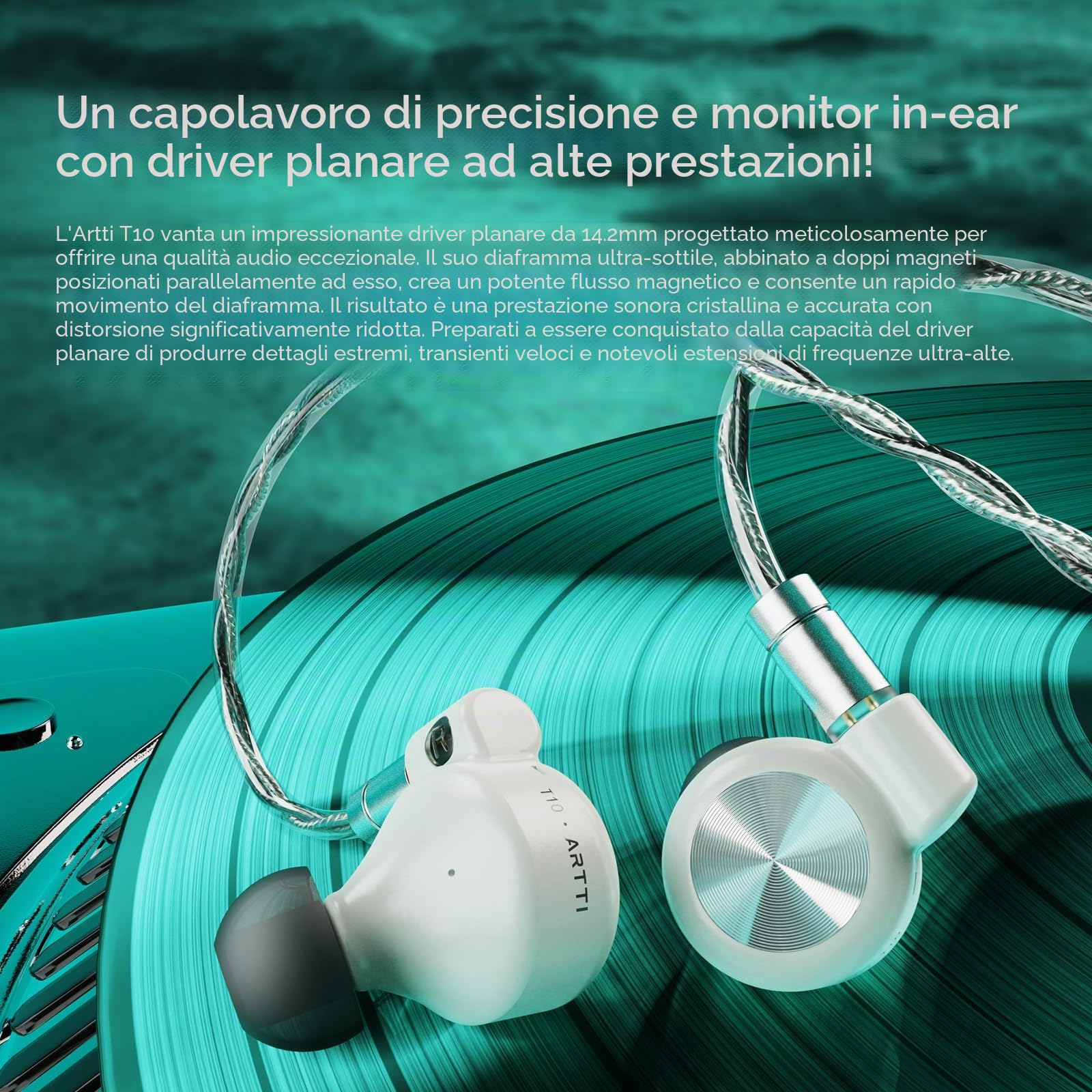ARTTI Auricolari in-ear T10 da 14,2 mm, doppio circuito magnetico, driver planare, cavo staccabile placcato in rame argentato, Hi-Fi per musicisti/cantanti (spina da 3,5 mm)