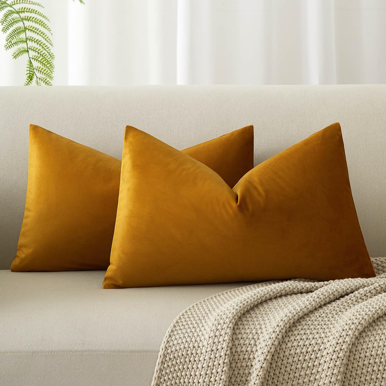 JUSPURBET 12x20 Lumbar Velvet Throw Pillow Covers Set of 2,Mustard Yellow