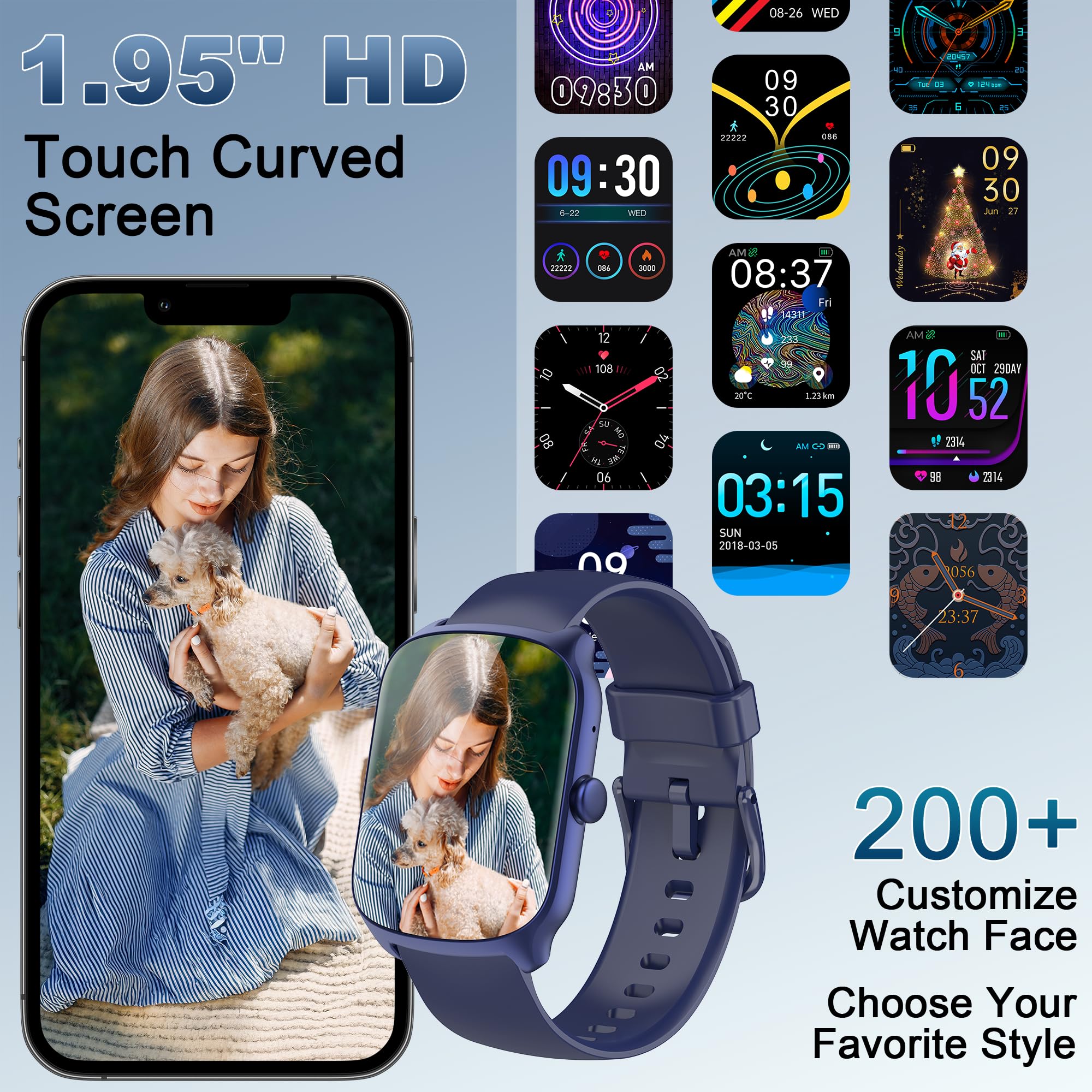 STECEi Smartwatch Uomo Donna, Schermo Curvo HD da 1,95'' Orologio Smartwatch con Effettua/Risposta Chiamate, 110+Sportive Smart Watch con Contapassi/Sonno/Cardiofrequenzimetro, Impermeabile IP68, Blu