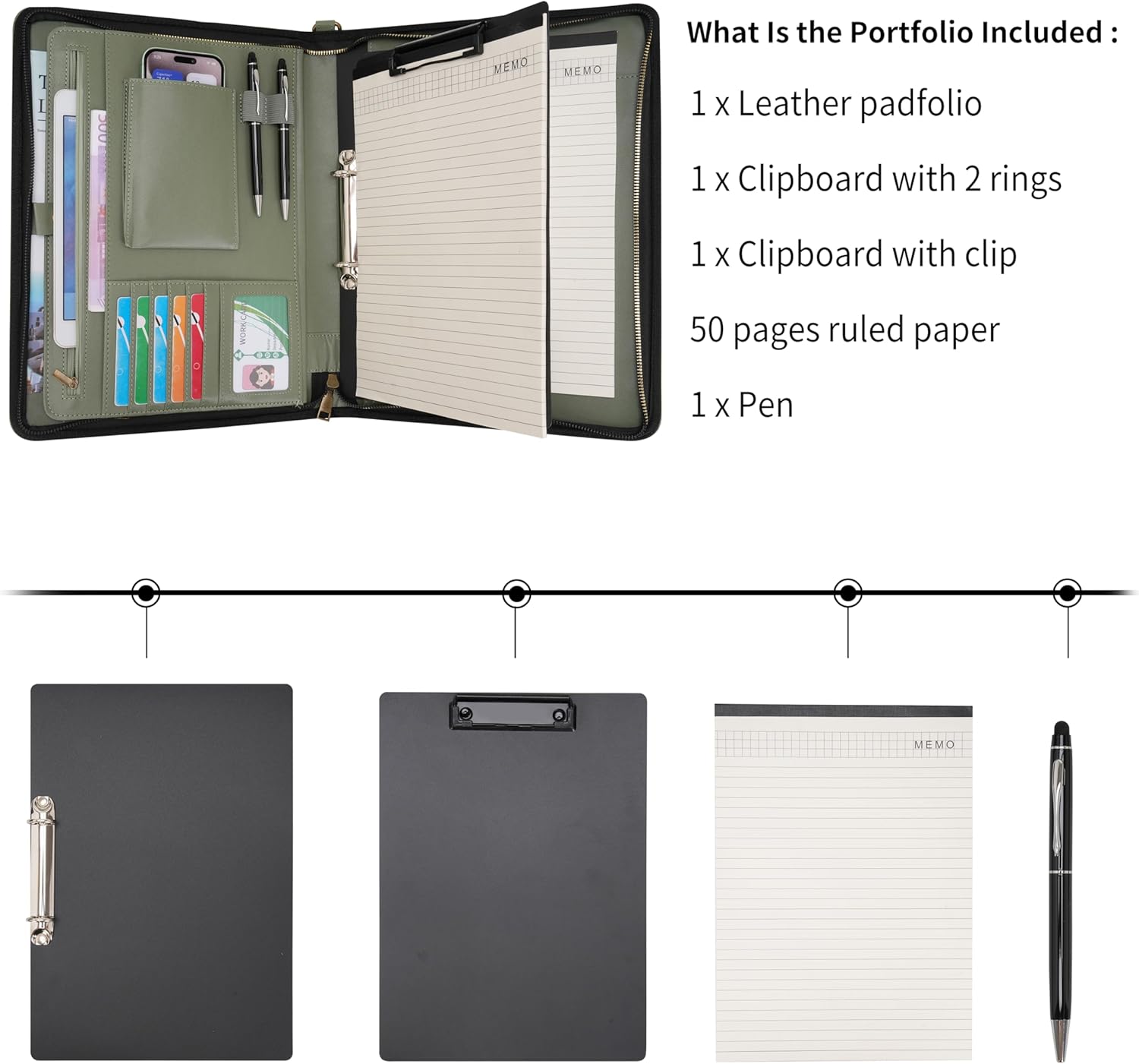 Wason A4 Portfolio with Zipper - Leather PU Padfolio with Detachable Ring Binder and Writing Notepad Holder, Conference File Multi-Pockets Organizer for Office Travel School (Green)