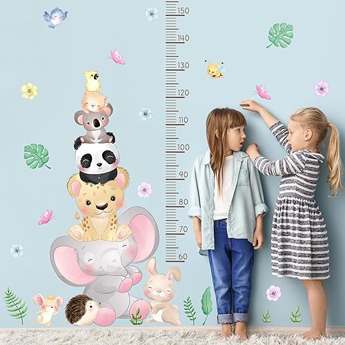 Miniatura 1 de Calcomanías de pared para niños, tabla de crecimiento de caricaturas, animales de dibujos animados, león, jirafa, elefante, gato, cebra,