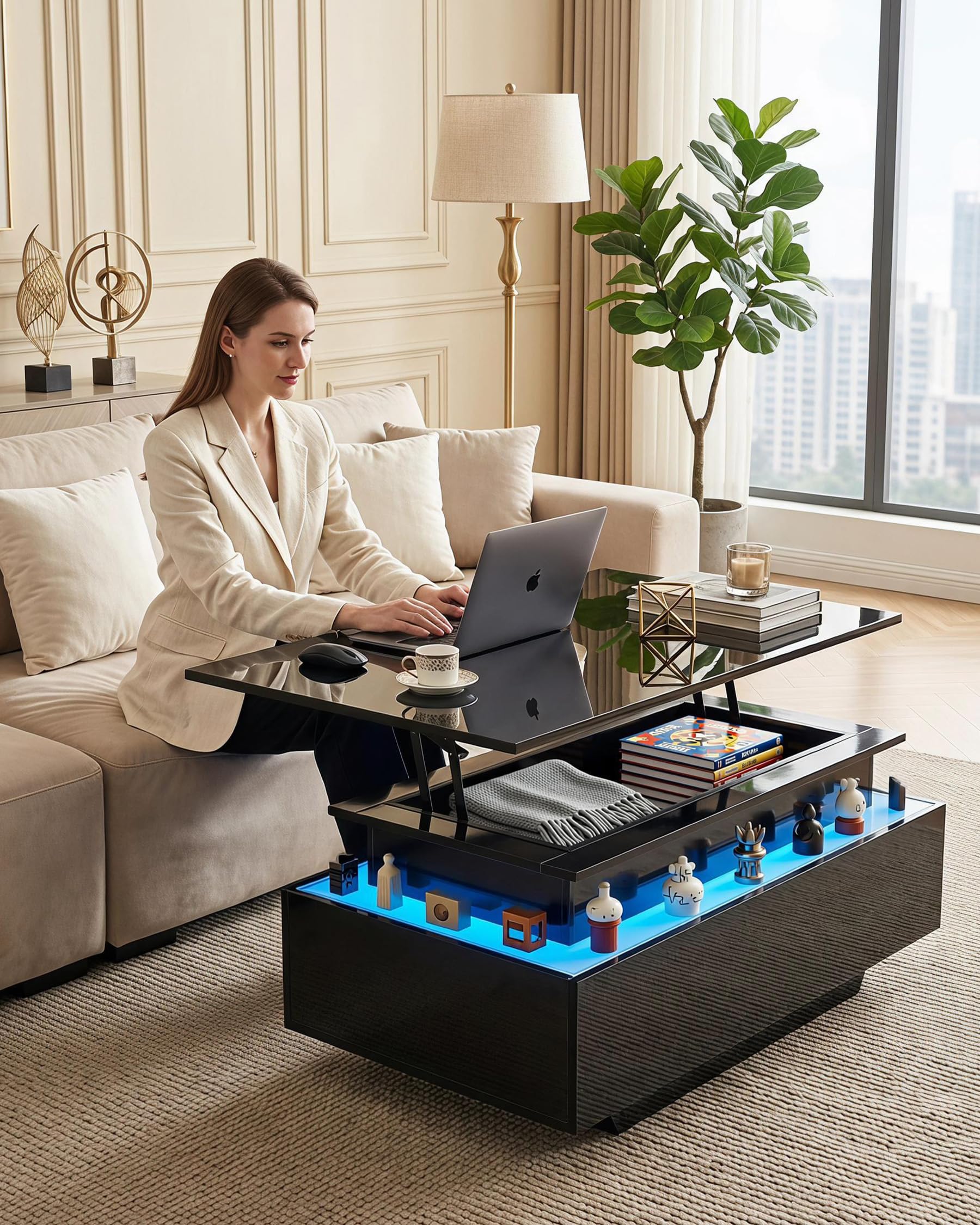Mesa de Centro Elevable y Extensible Negro con Almacenaje y Luz LED Moderna para Salón