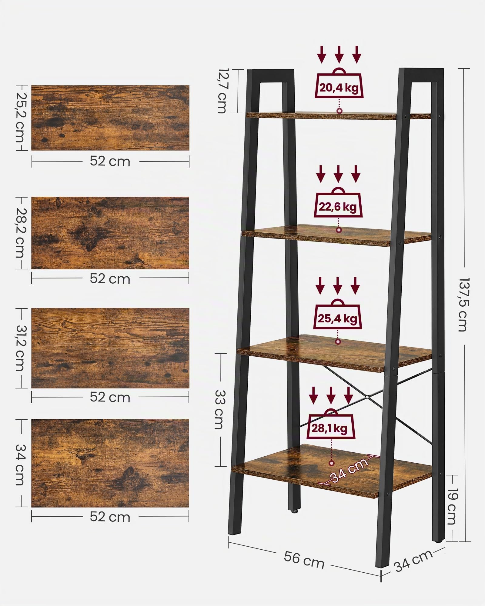 VASAGLE Scaffale a Scala, Libreria a 4 Ripiani, Scaffale Portaoggetti, per Soggiorno Camera da Letto Cucina Studio, Stile Industriale, Struttura in Acciaio, Marrone Vintage e Nero LLS44X