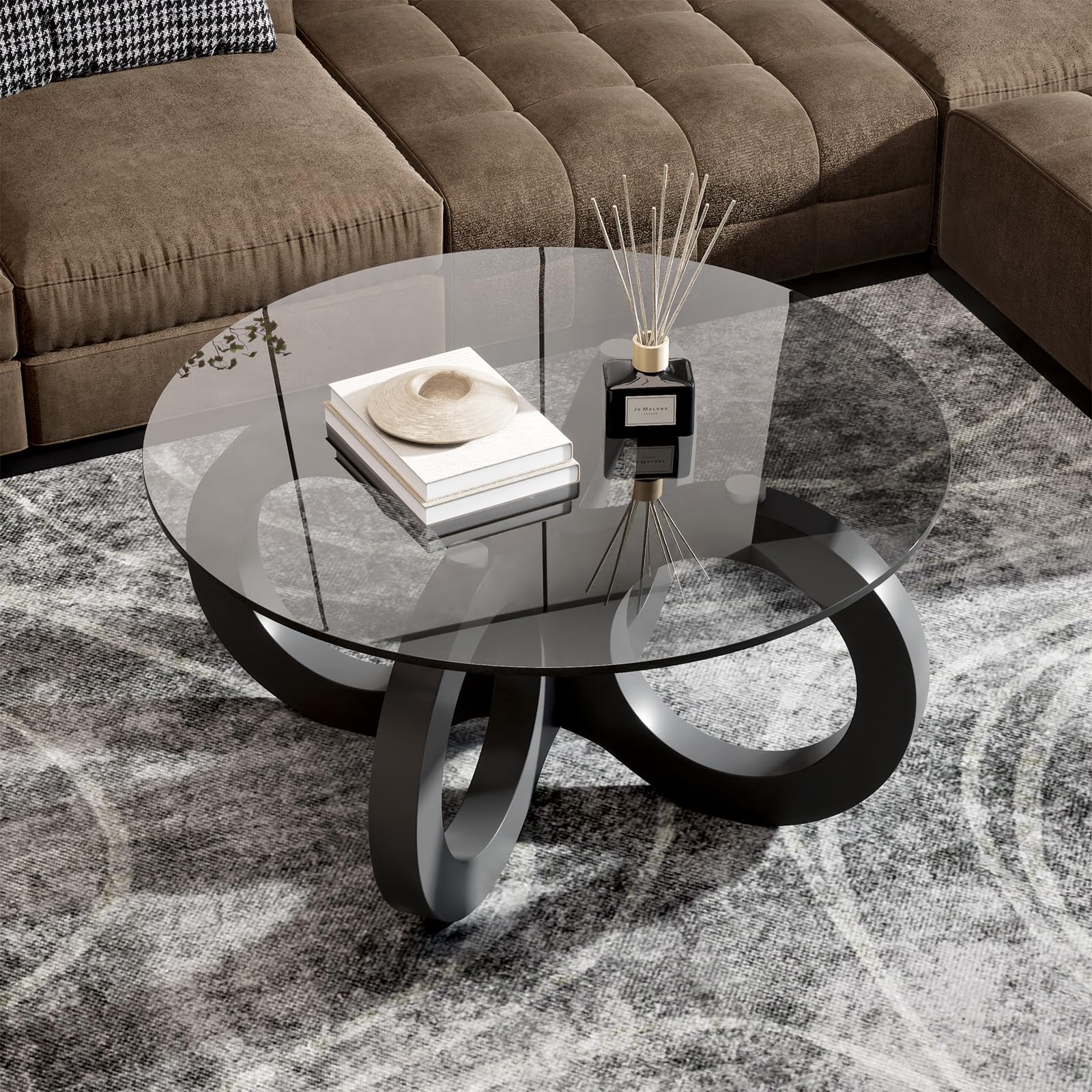 Runder Couchtisch Glas, Moderner Glastisch mit Geschwungenem Gestell, Gehärtetes Glas + Dichteplatte, Wohnzimmertisch für Kleine Räume Büro Schlafzimmer, Beistelltisch Ø 80cm * 41cmH (Schwarz) Küche, Haushalt & Wohnen