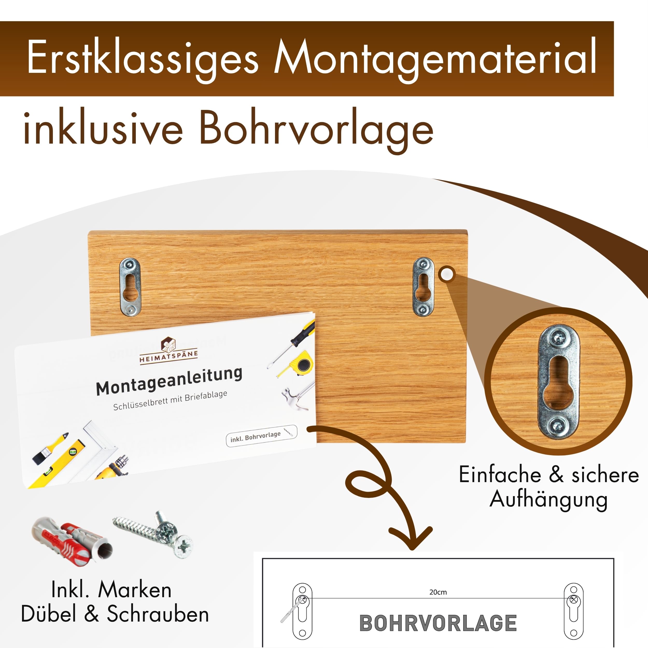Heimatspäne Schlüsselbrett Holz – Hochwertige Edelstahlhaken und echtes Eichenholz – handgemachtes Schlüsselbrett aus Holz mit Ablage