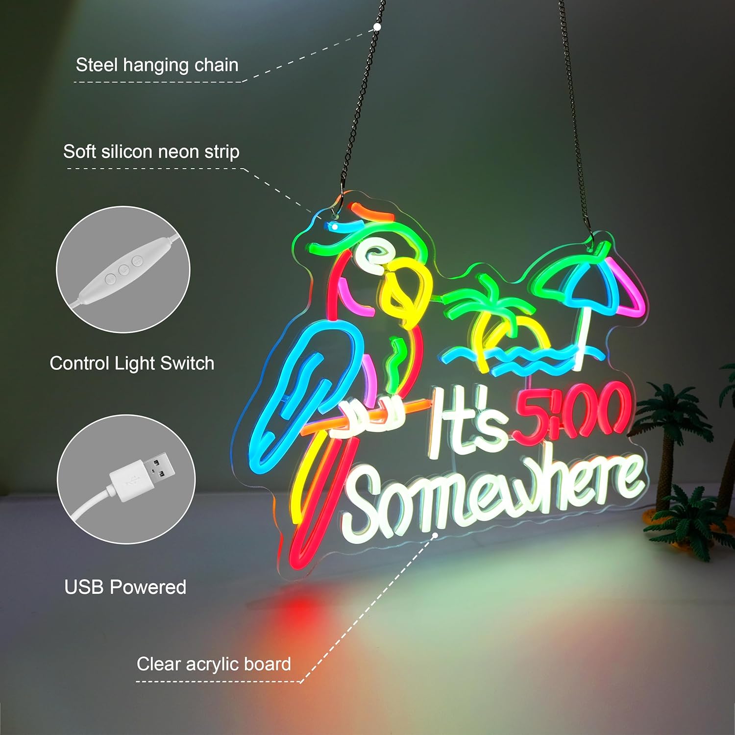 Parrot Its 5 00 O'clock Some Where Neon Sign,Innovative Integral Forming Process,With Dimmable Switch For All Holiday Party and Home Decoration - Image 2