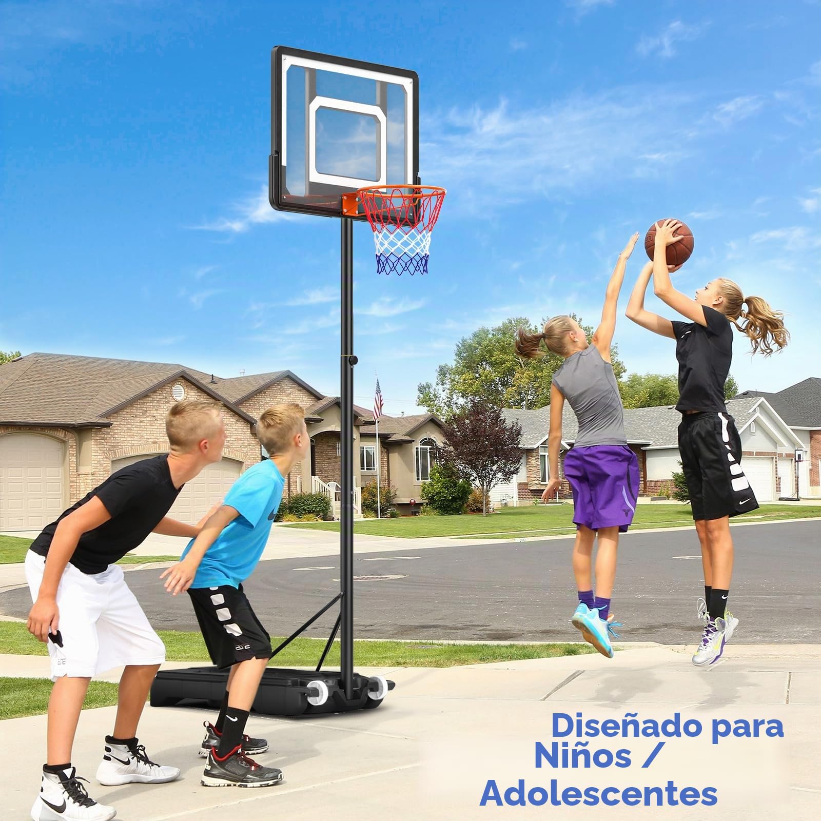 Canasta de Baloncesto para Exteriores, Altura Regulable de 128 a 305 cm, Canasta de Baloncesto con Ruedas, Adecuada para niños, Adolescentes y Adultos