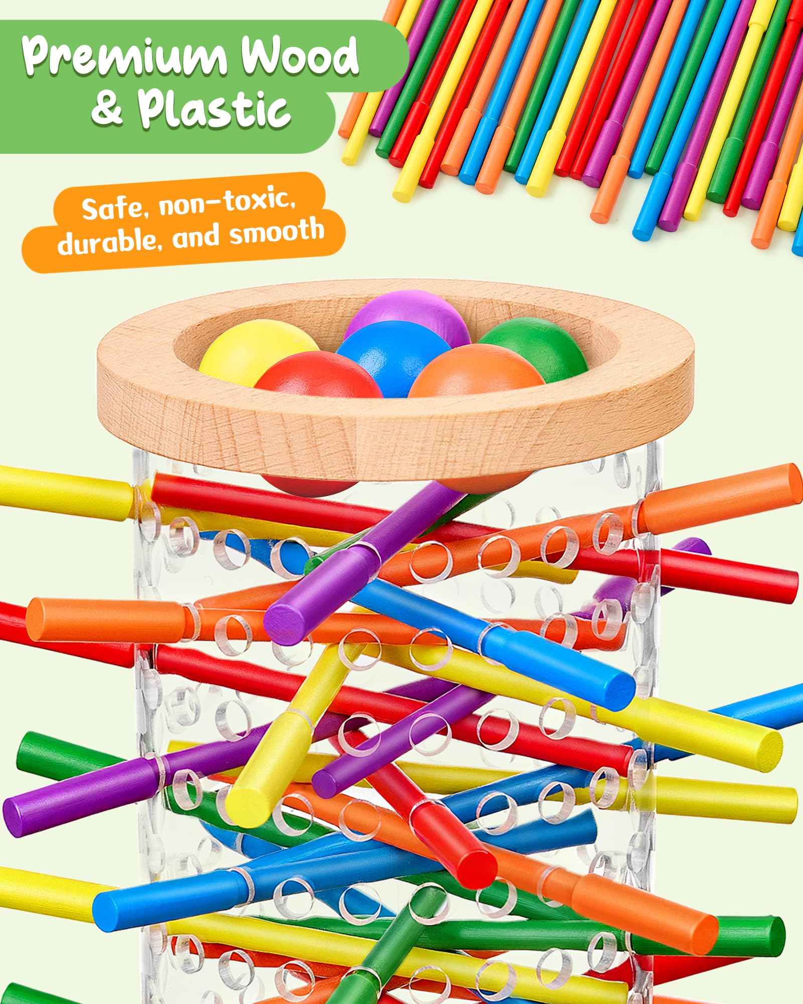 Montessori Holz Brettspiel ab 3–6 Jahre mit Ball & Antirutsch-Stäbchen | Antirutsch-Stäbchen, Transparenter Turm, Lernspielzeug für Motorik & Konzentration, Geschenk, Kompakt & tragbar für unterwegs