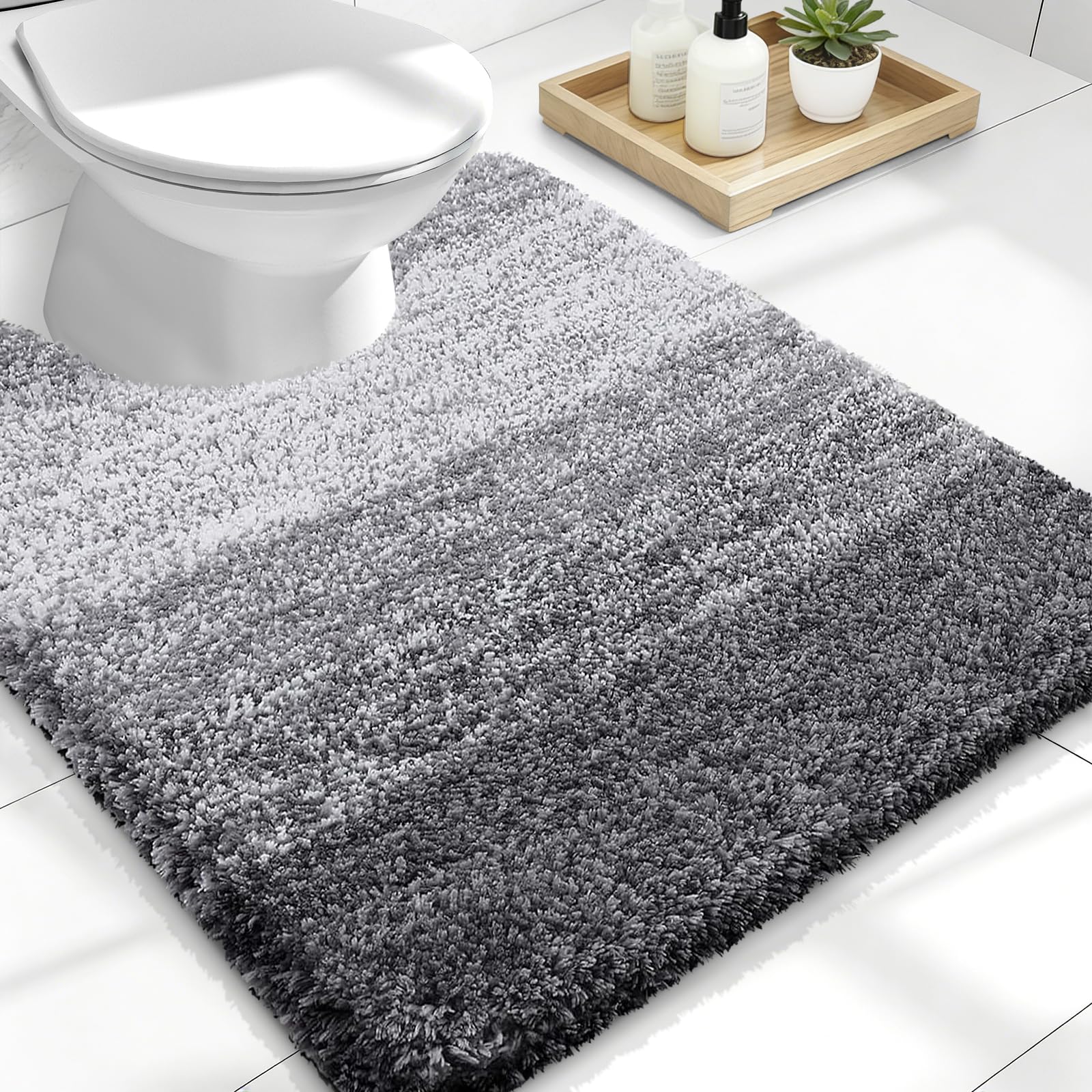 Luxury Toilet Rugs U-Shaped 24x20, Extra Soft and Absorbent Microfiber Bathroom Rugs, Non-Slip Plush Shaggy Bath Mat, Machine Wash Dry, Contour Bathroom Mats for Toilet Base, Grey