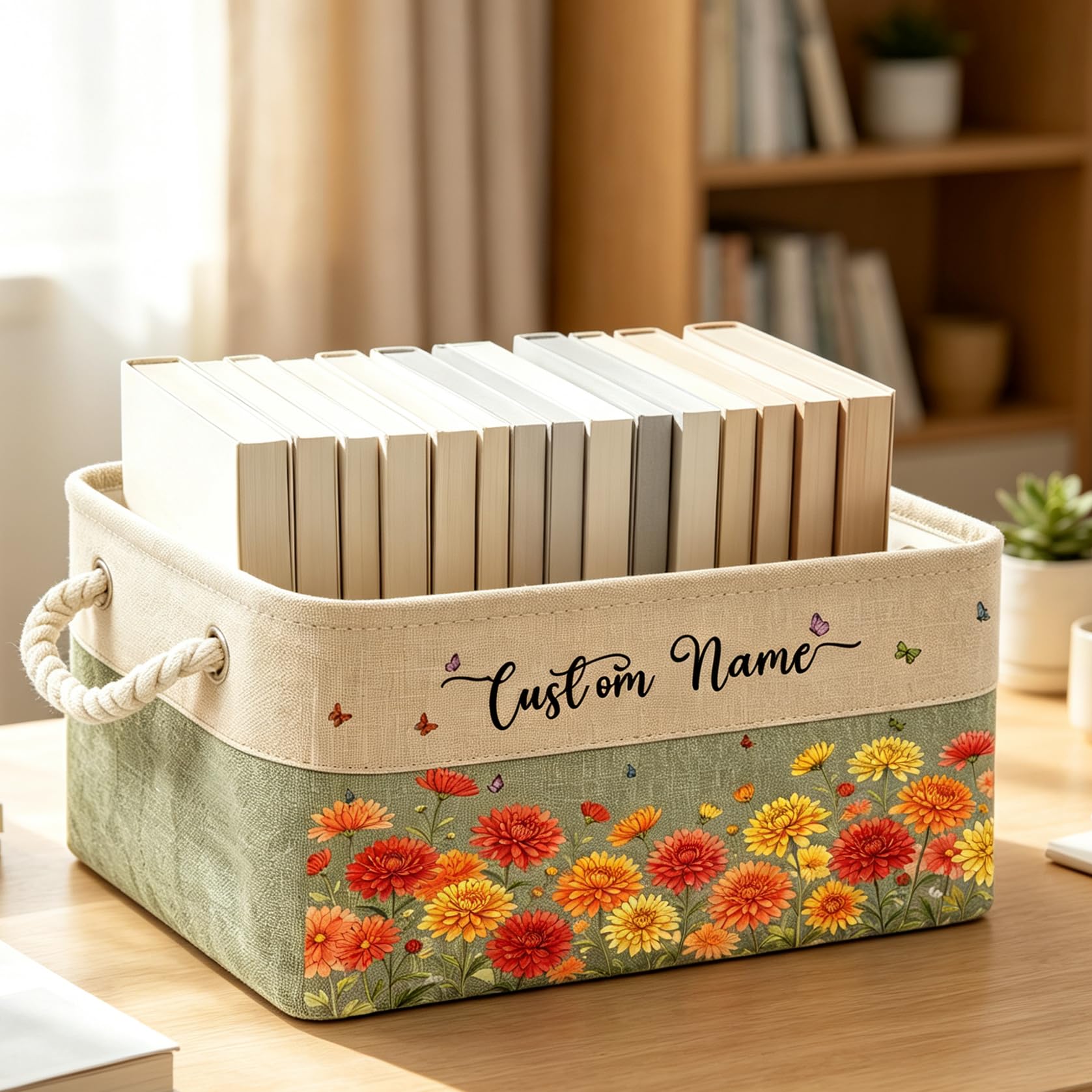 Personalized Storage Basket With Birth Month Flower Book Lover Gift, Custom Name Birth Flower Floral Book Storage Basket Organizer Gift for Women, Girls Bookish Bookworm Birthday Gifts (style 11)