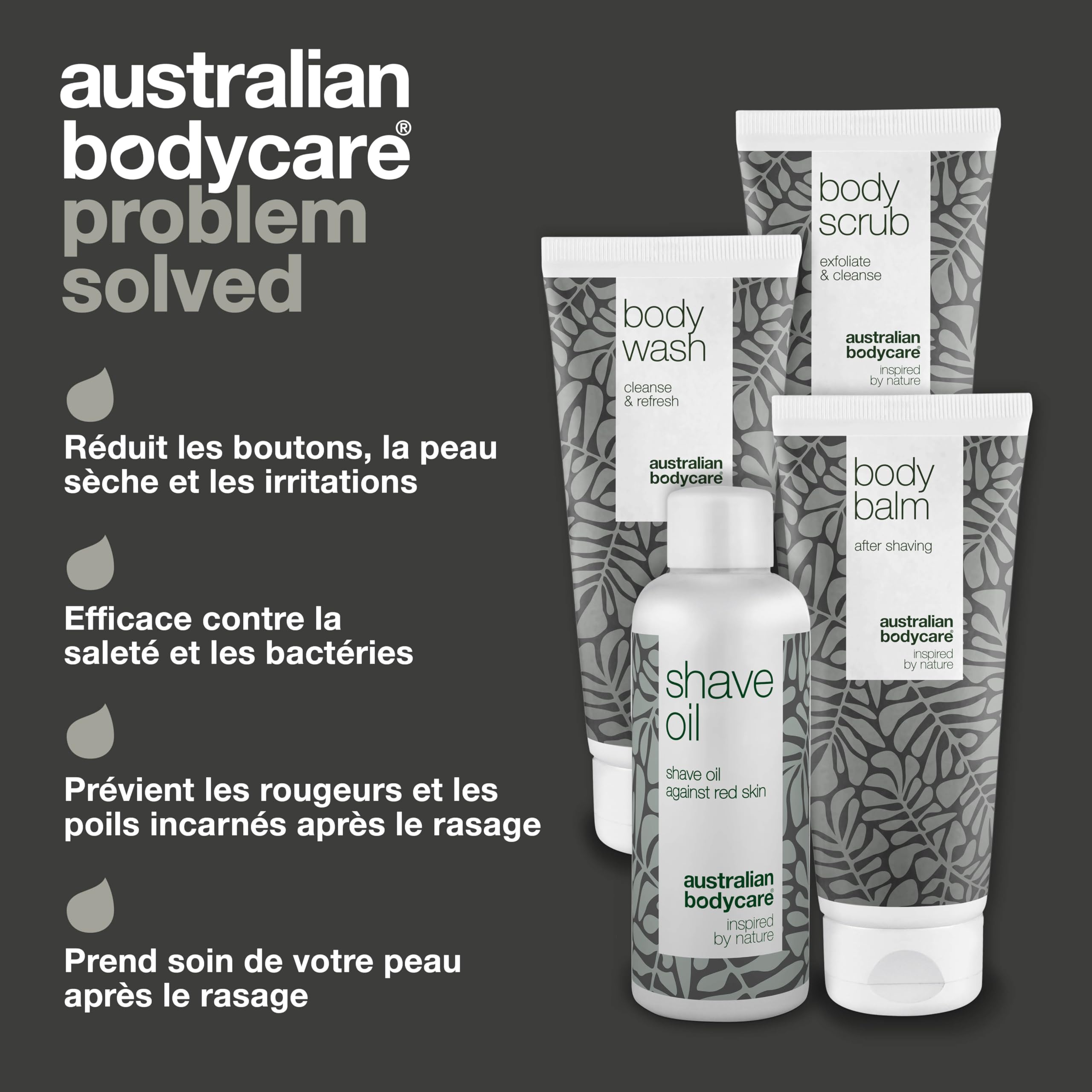 Ensemble de rasage pour tout le corps - Ensemble avec gel douche, gommage, baume et huile de rasage - Solution ultime pour un rasage confortable - Infusé avec de l'huile d'arbre à thé