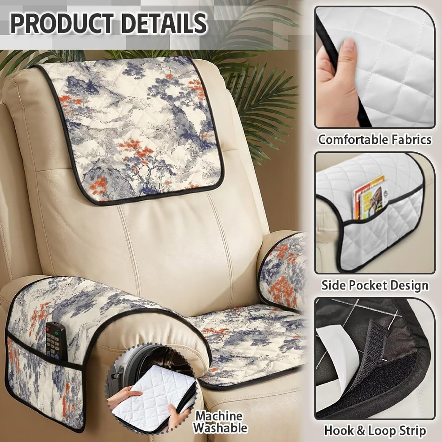Ink-Wash Mountain Tree Pattern Recliner Slipcovers Non-Slip Covers for Electric Power Lift Reclining Chair Fitted Slipcover 4 Pieces Comfy Recliner Couch Covers Set with Backrest Cover