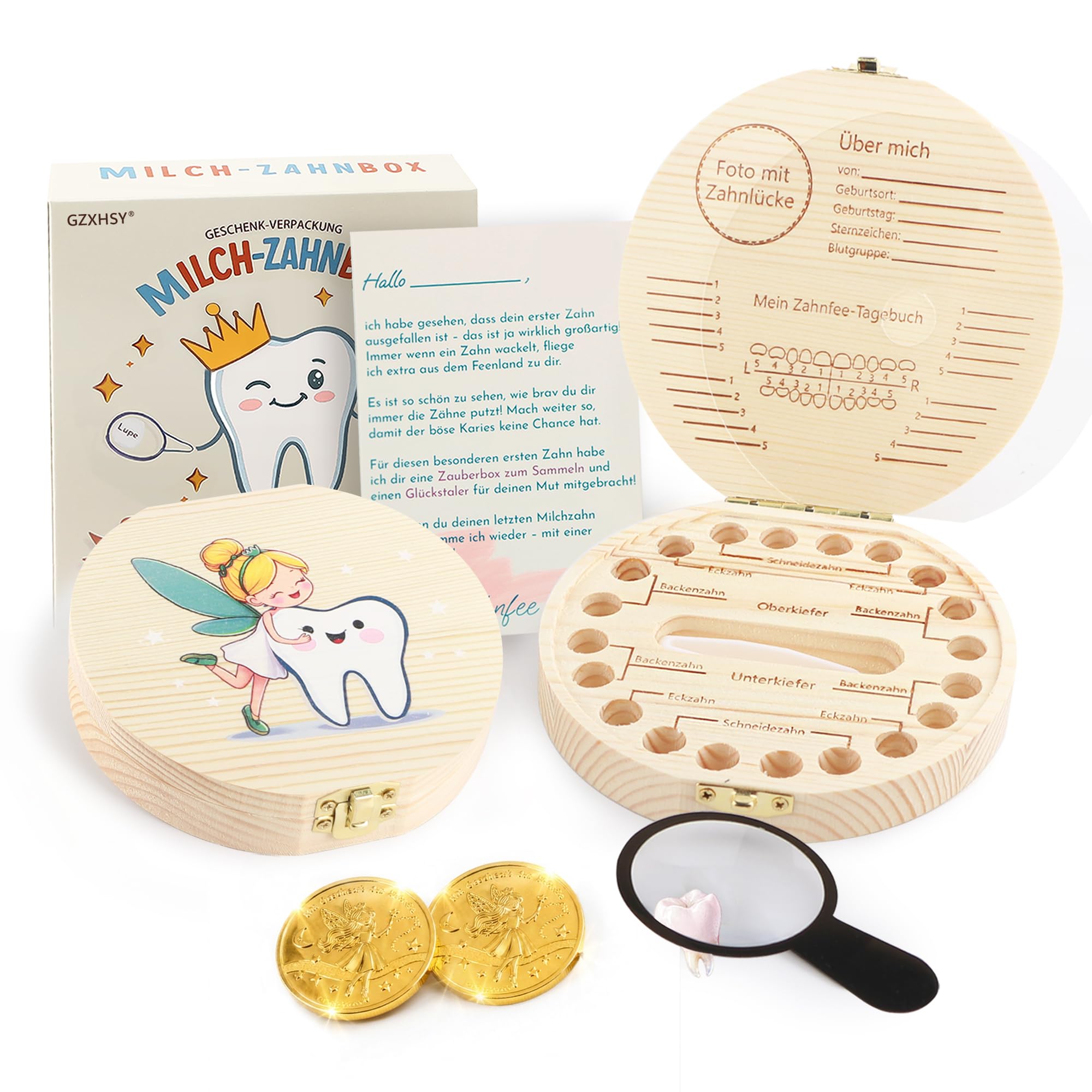 Gzxhsy Milchzahndose mit bunten Motiven für Jungen und Mädchen | Zahnfee Geschenk set mit 2 Münzen, Lupe & Brief | zahnbox für Milchzähne