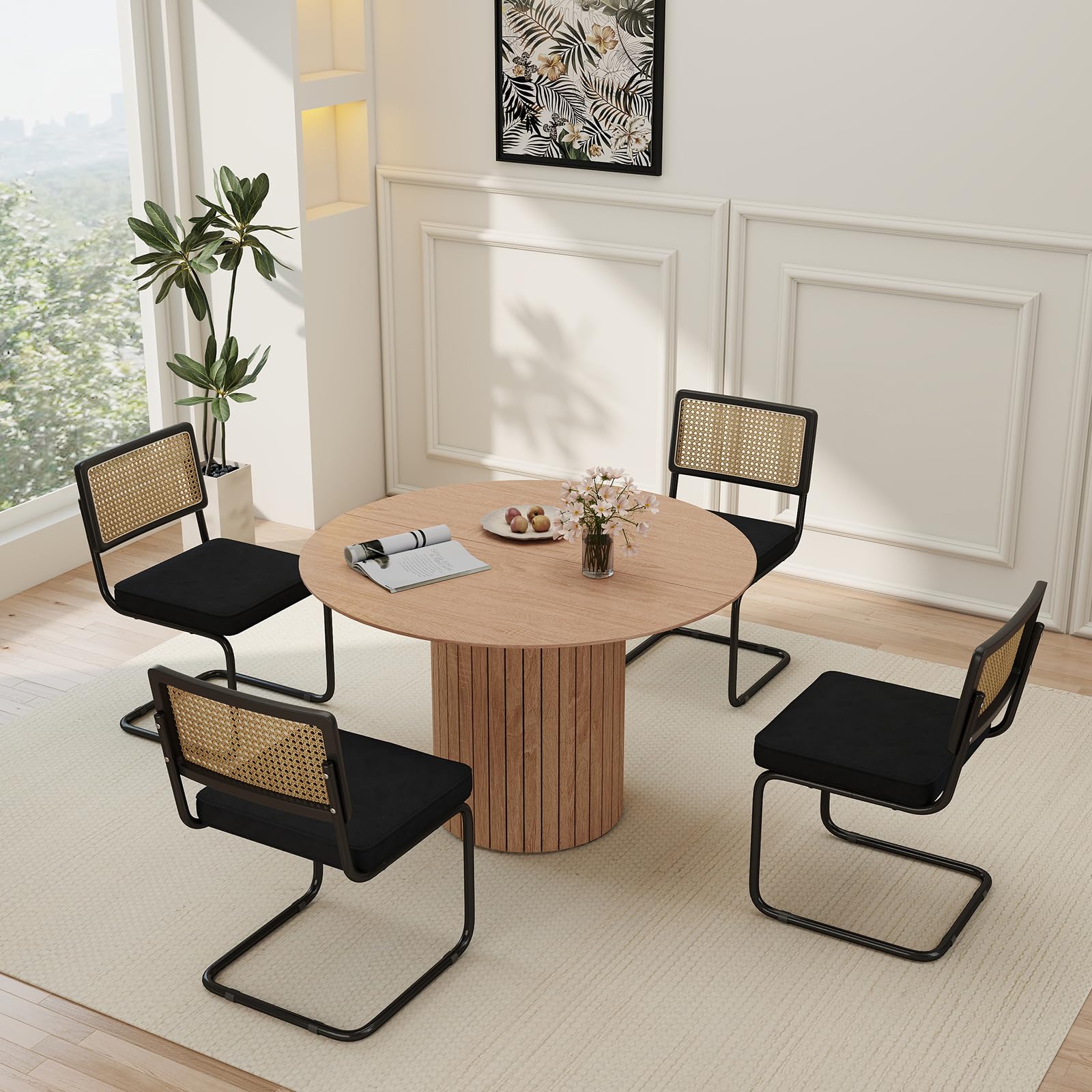 GrandCA HOME Pack de 4 Sillas de Comedor con Respaldo de Caña Natural y Base de Acero Metálico, Sillas de Cocina Tapizadas de Ratán,Negro-1