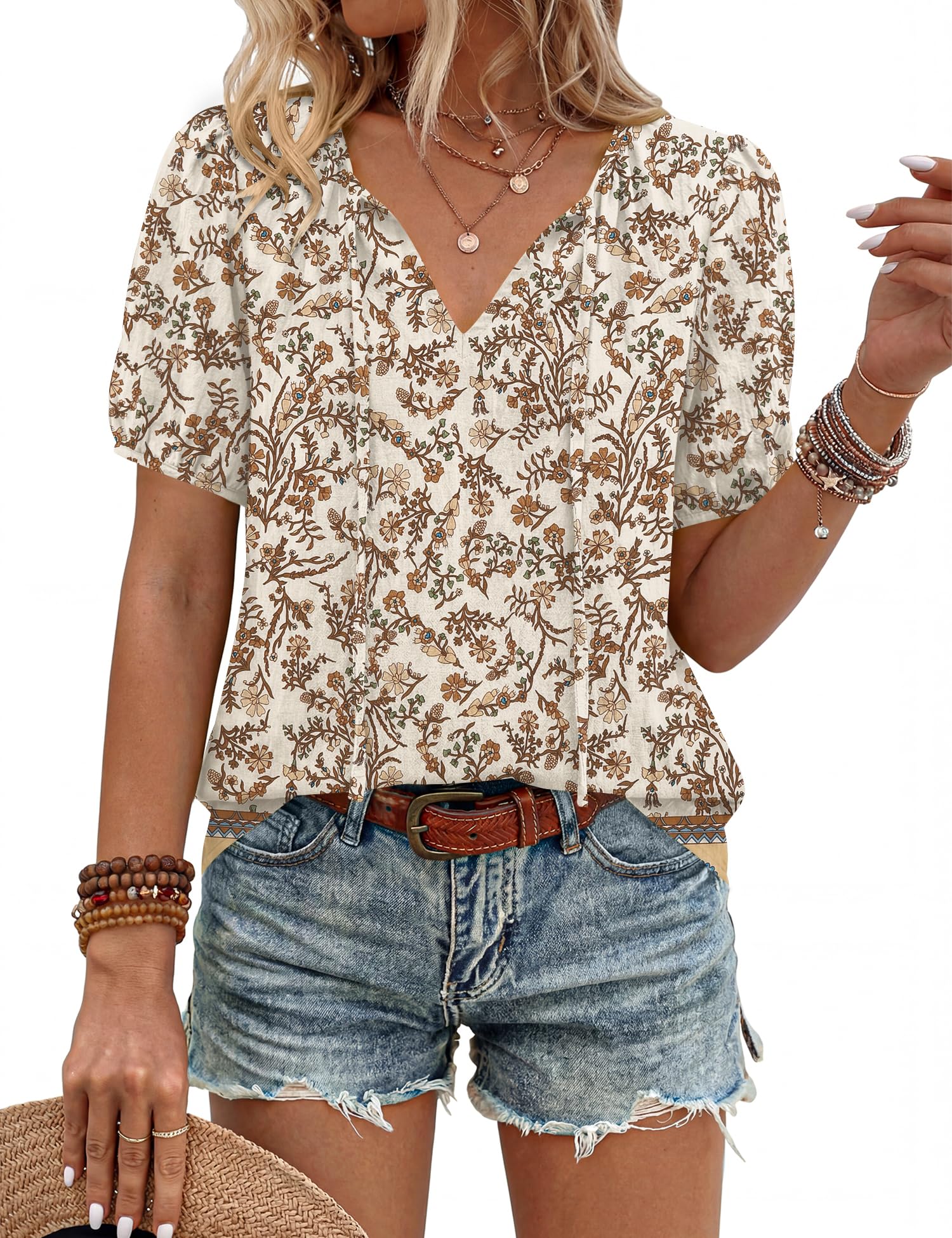 Rapbin Bluse Damen Sommer Boho V-Ausschnitt Vorn Gebunden Oberteile Kurzarm Lässige Lockere Fließende Tunika Tops Damenblusen Elegant