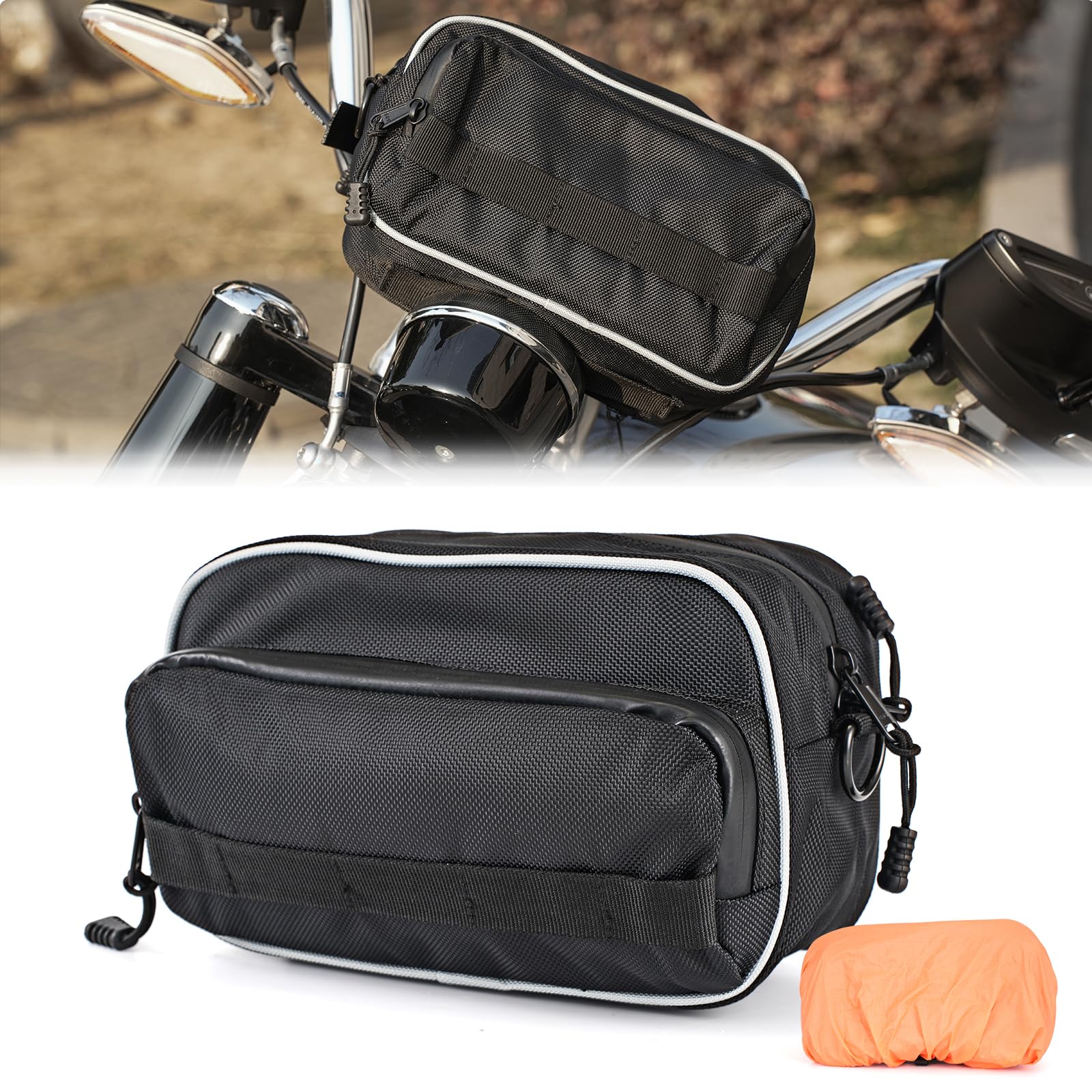 SANDEYISS Motorcycle Handlebar Bag with Rain Cover,Motorcycle Tool Bag,Universal Handle Bar Bag,Waterproof Front Fork Bag,Harley Fork Bag,Sissy Bar