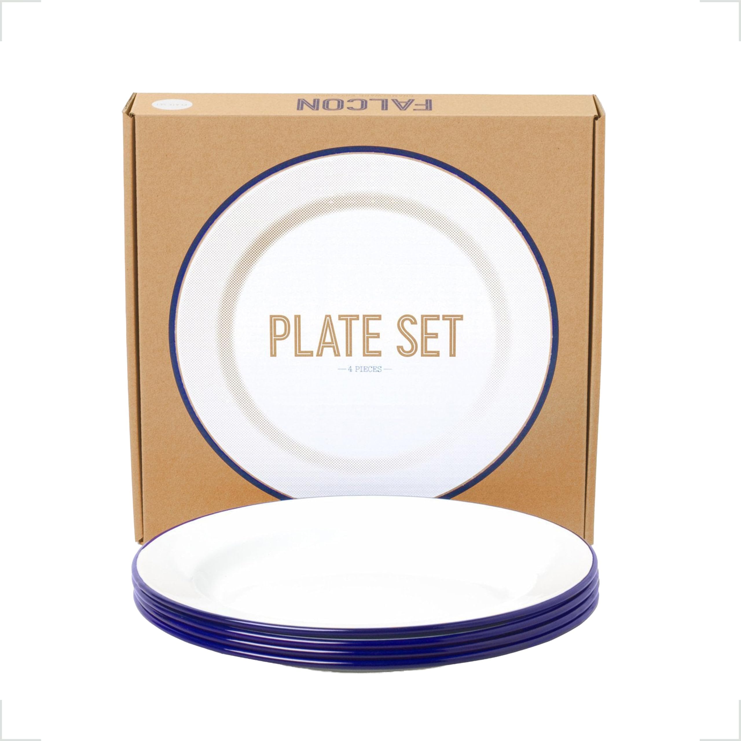 Falcon Enamelware Dinner Plate Set, 9.5" 4-Piece Enamel Plates, for Evening Meals, Non-Toxic, Dishwasher Safe & Freezer Friendly, White with Blue Rim