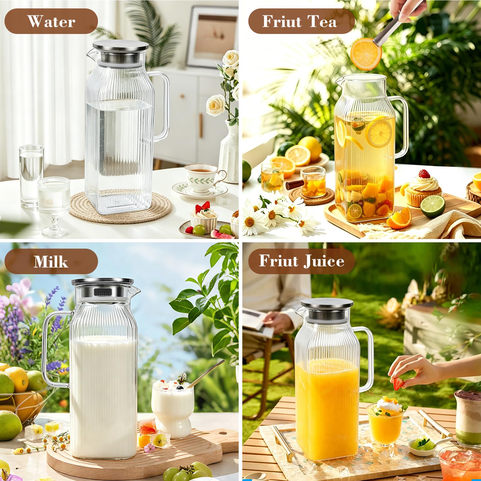 Caraffa Vetro 2 litri, 2PCS Strisce Verticali Brocca Acqua in Vetro Borosilicato con Coperchio in Acciaio Inossidabile, Borosilicato Resistente al Calore per Bevande Calde o Fredde (2 L/ 70 oz.)