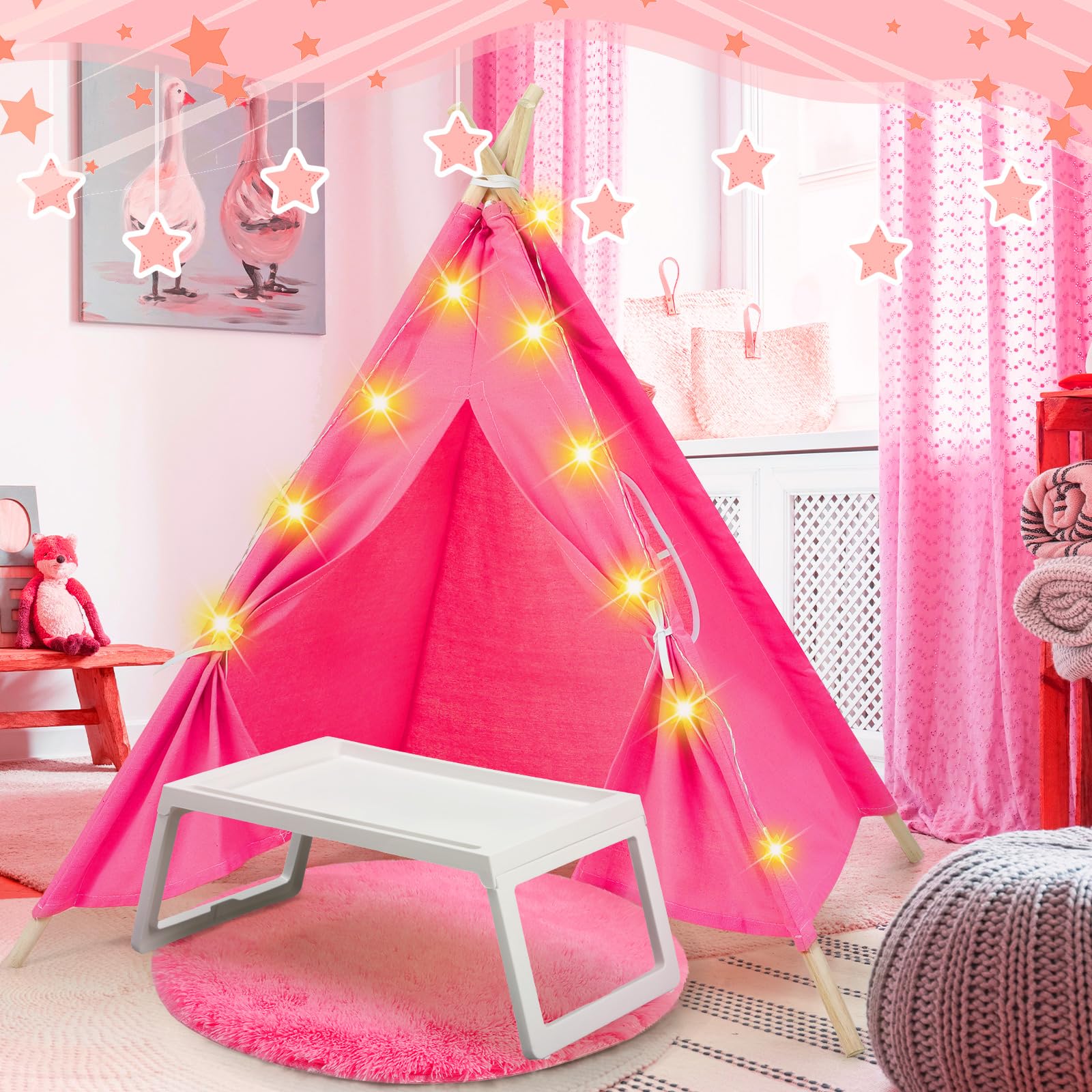 4 Sets Teepee Tent for Kids Indoor Play Teepee Tent Set with Light Round Mat Mini Bed Table Sleepover Tent Foldable Tents for Girls, Boys Sleepover and Outdoor Playhouse Gift(Rose Red)