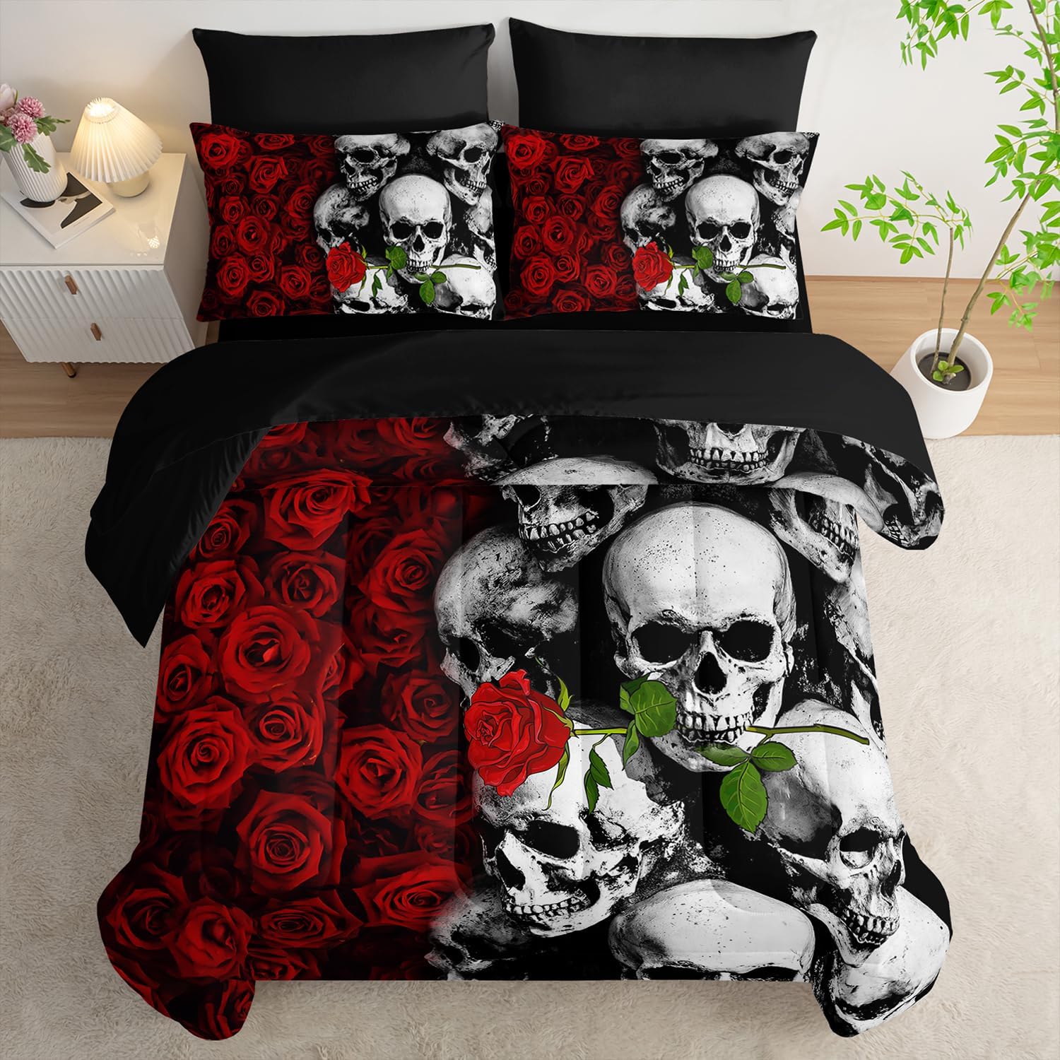 Black Skull Comforter Set 7 Piece Queen Size Bed in A Bag,Goth Bedding for Room Decor,Soft Western Comforter Boho Hippie Bedding with Fitted Sheet,Flat Sheet, Pillowcases & Shams