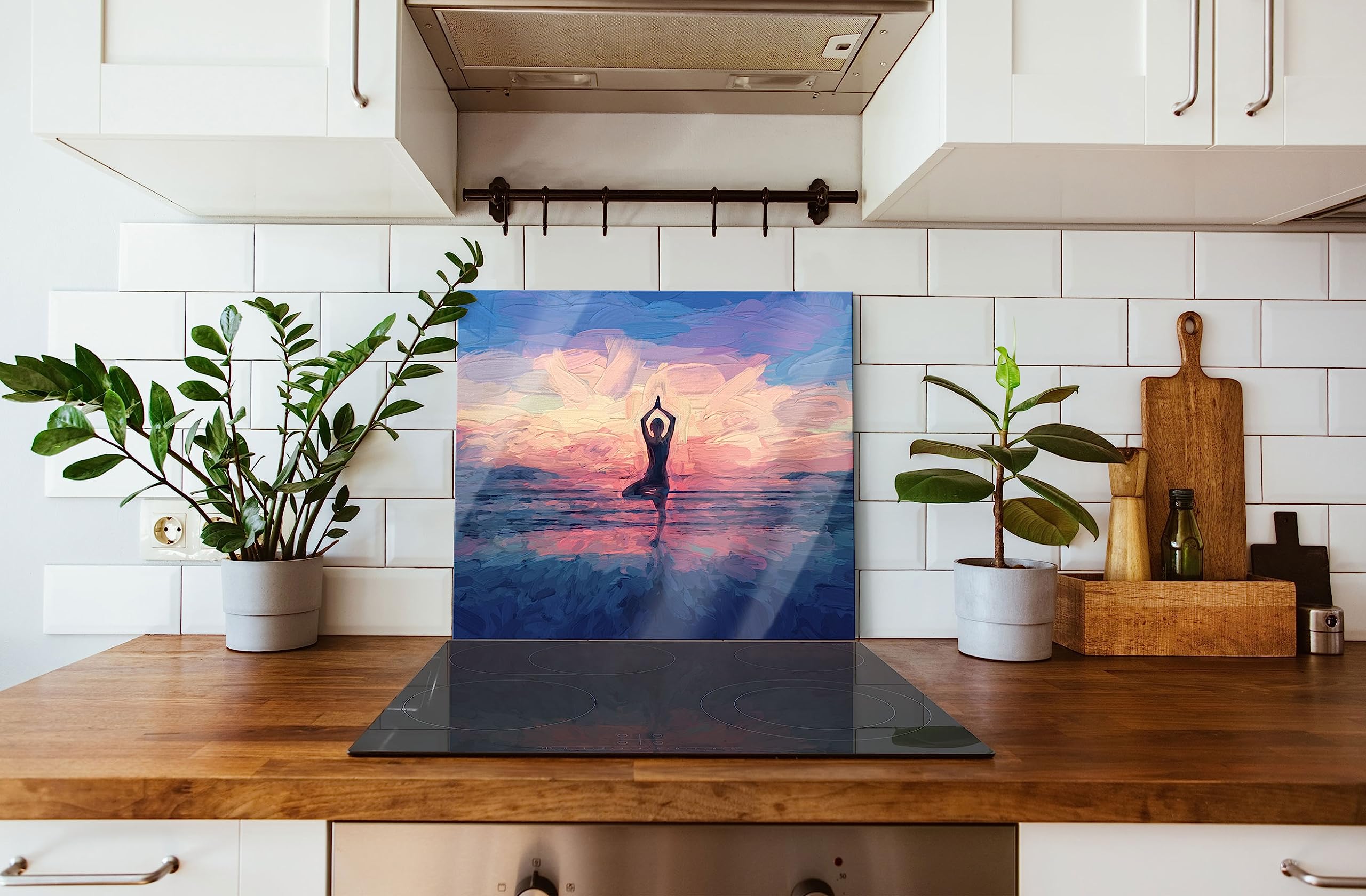 Yoga am Strand Plaque de protection pour cuisinière et protection anti-éclaboussures en verre véritable 60 x 52 cm