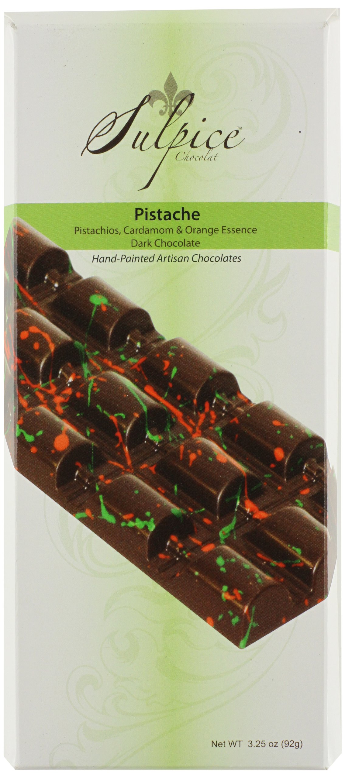 Sulpice Chocolat Pistache Hand Painted Dark Chocolate Bar with Pistachios, Cardamom and Orange Essence, 3.25 Ounce