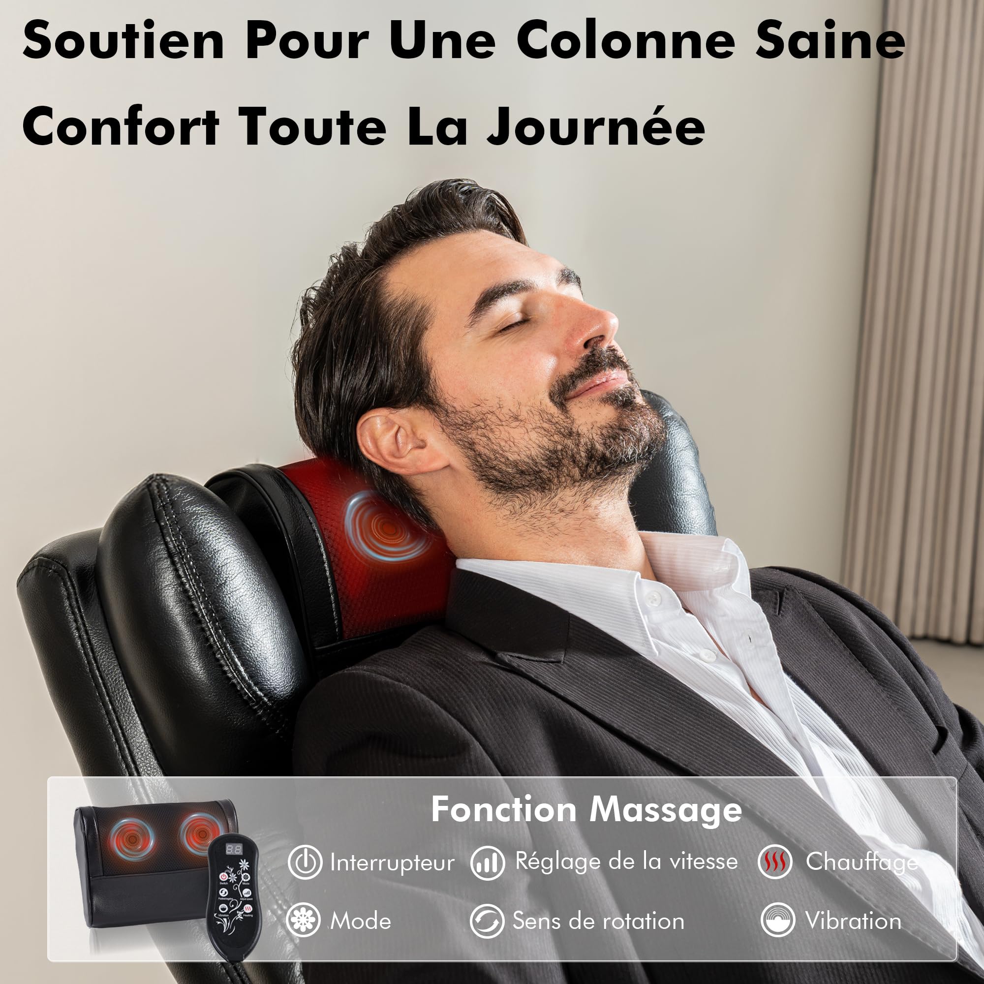 DEKKETO Chaise de Bureau Massante Chauffante, Ergonomique, Cuir PU, Noir