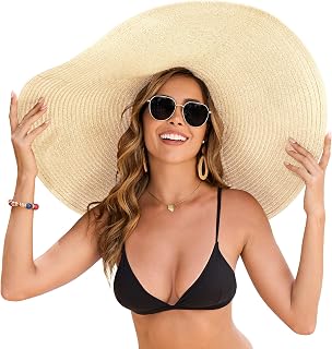 Oversized Beach Hat for Women Wide Brim Straw Sun Hat UPF 50+ UV Protect...