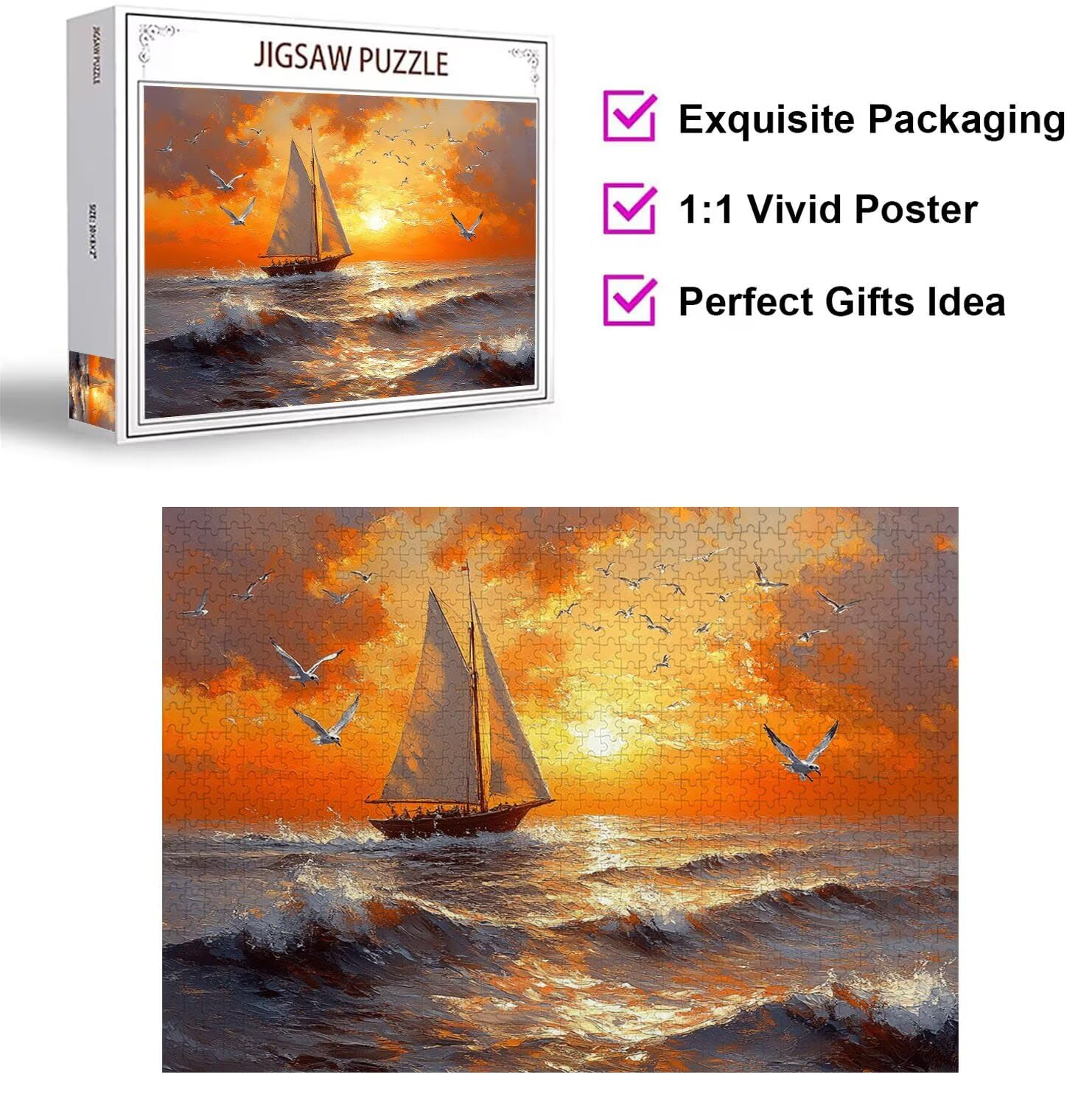 Puzzle 1500 sztuk Zachód słońca Trudne drewniane puzzle, n-450 | Niemożliwe wyzwanie, inteligentna gra zręcznościowa, gry logiczne dla całej rodziny, pomysł na prezent, żaglówka