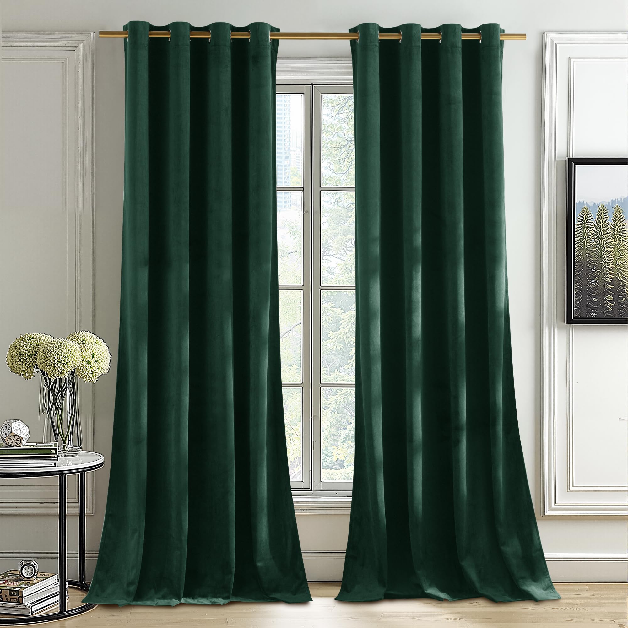 PONY DANCE Dark Green Curtains for Living Room Bedroom, 66x90 Inches Drop Velvet Eyelet Blackout Thermal Insulated, Thick Soundproof Room Darkening Drapes, 2 Panels — image 1
