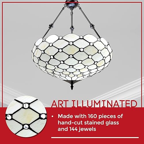 Miniatura 4 de Amora Lámpara de techo estilo Tiffany vintage, 18 x 9 pulgadas, lámpara de araña blanca con vitrales, iluminación antigua para comedor