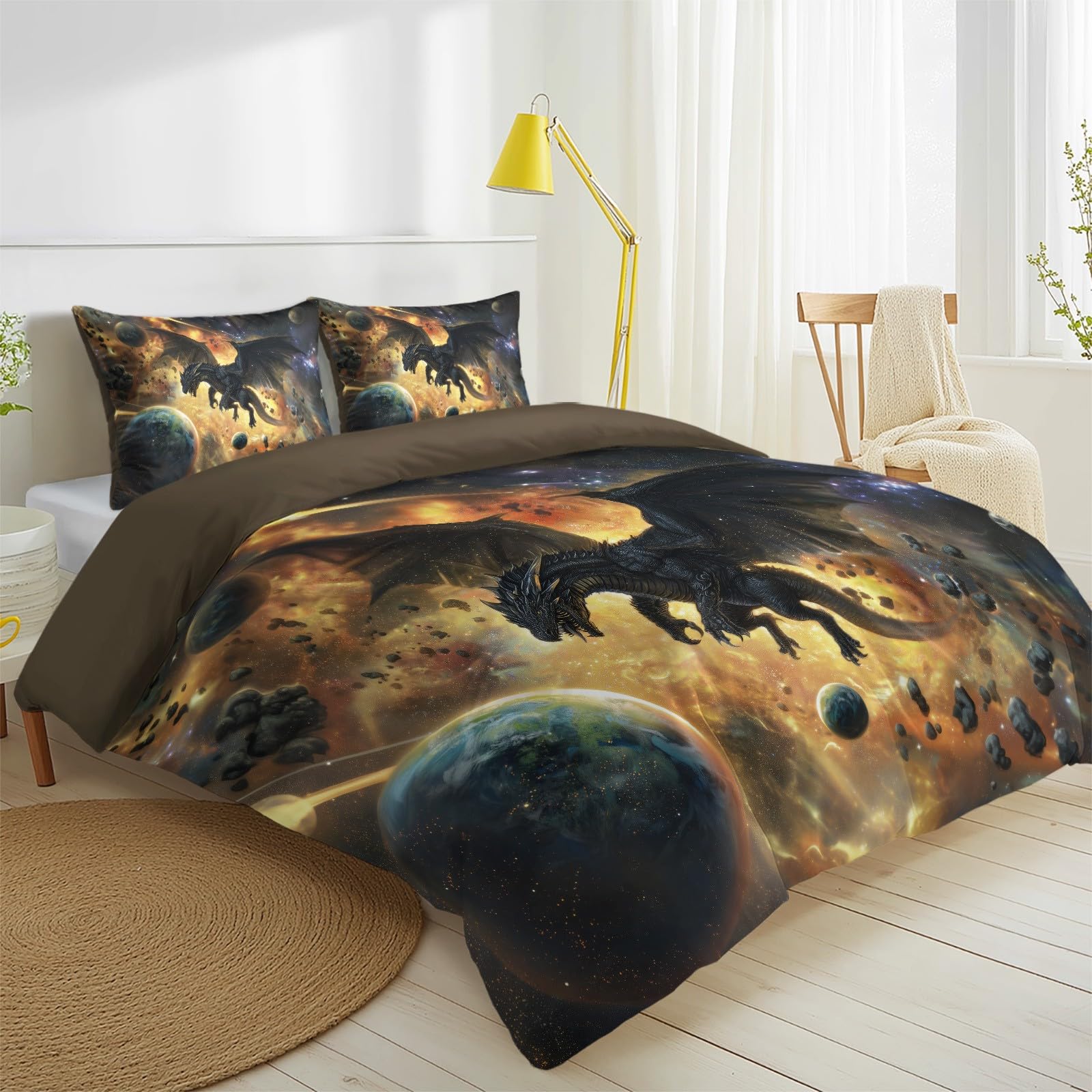Zestaw poszewek na kołdrę, Easy Care Bedding Bedding Bed Set Double Size 79" x 79", Fantasy Cool Gaming Universe Mysterious Space Planets Dragon Duvet Covers with 2 Matching Pillowcases 50 x 75 cm for