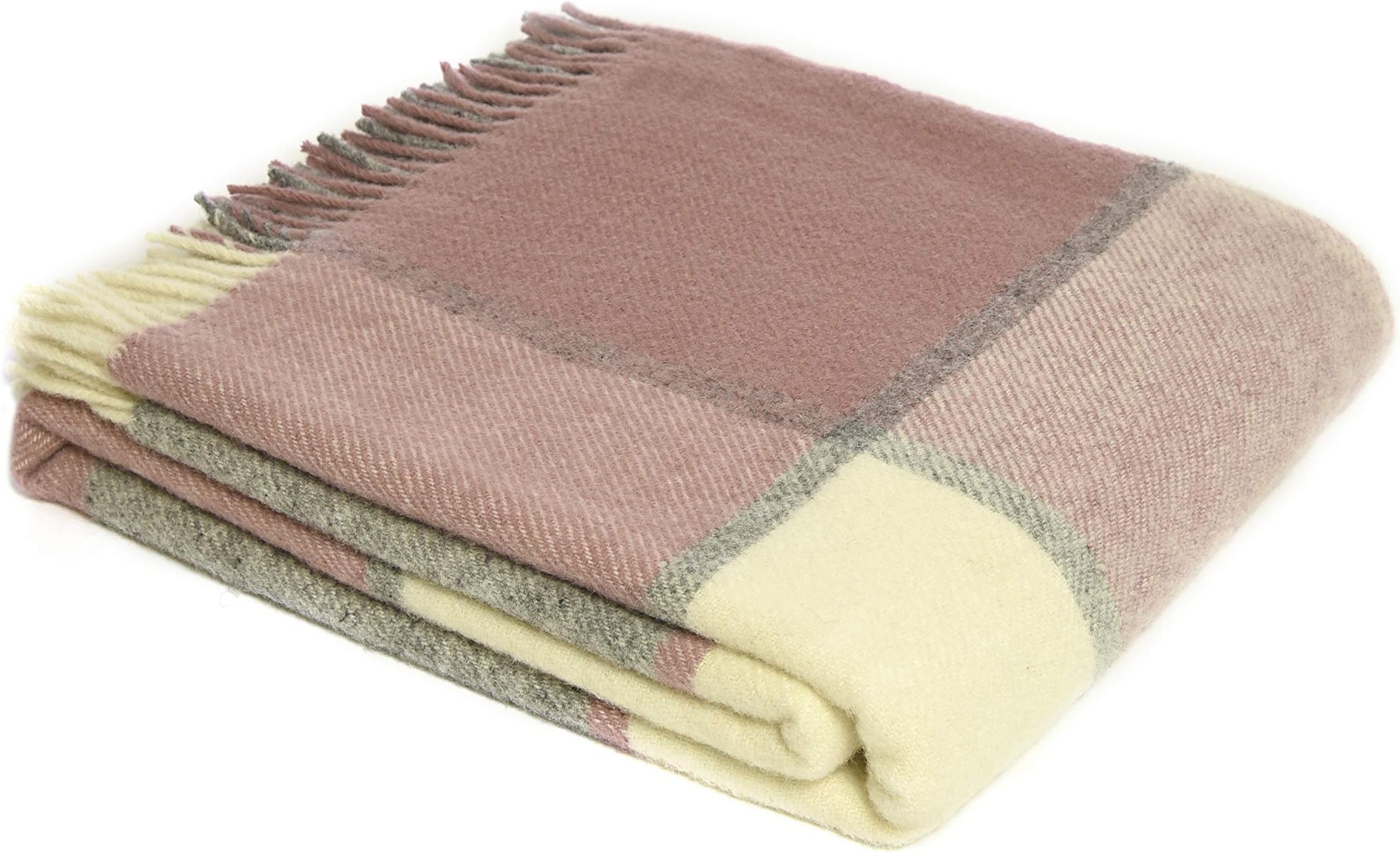 Tweedmill Textiles 100% Pure New Wool Block Check Throw, Charcoal/Dusky Pink, 150x180cm